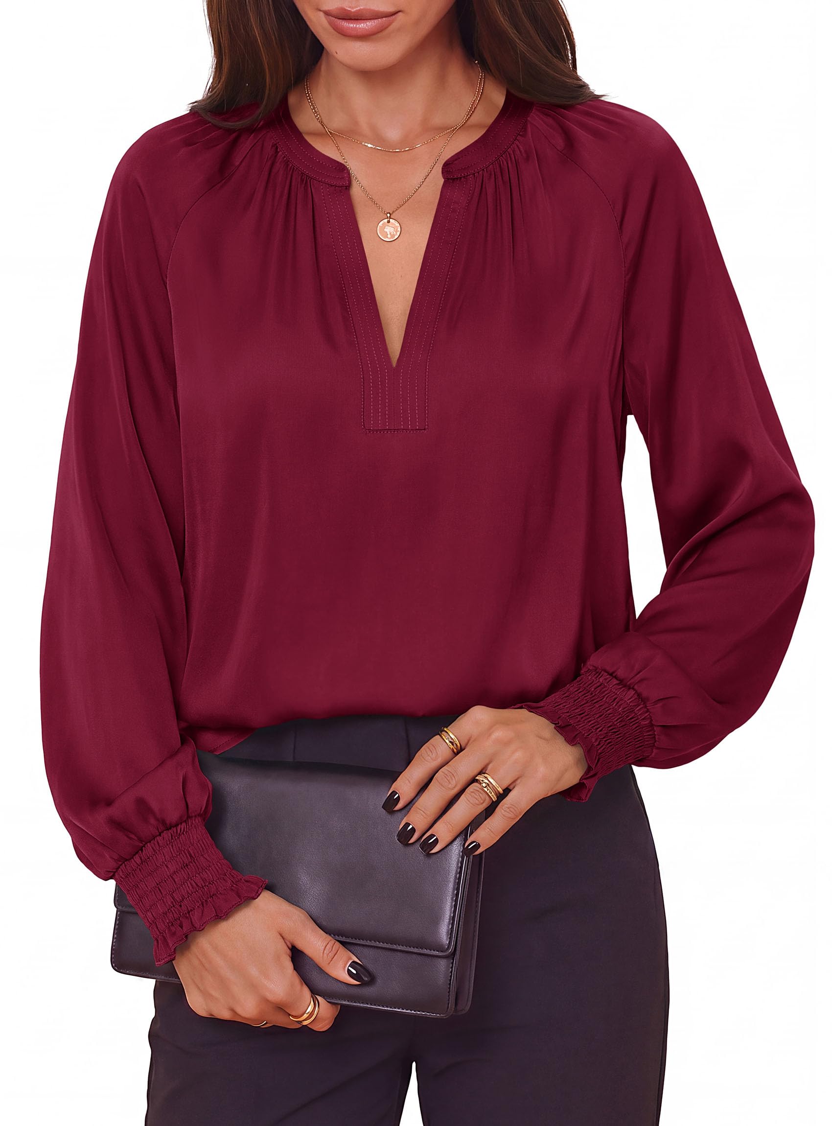Women's Satin Blouses V Neck Long Sleeve Tops,Burgundy,S