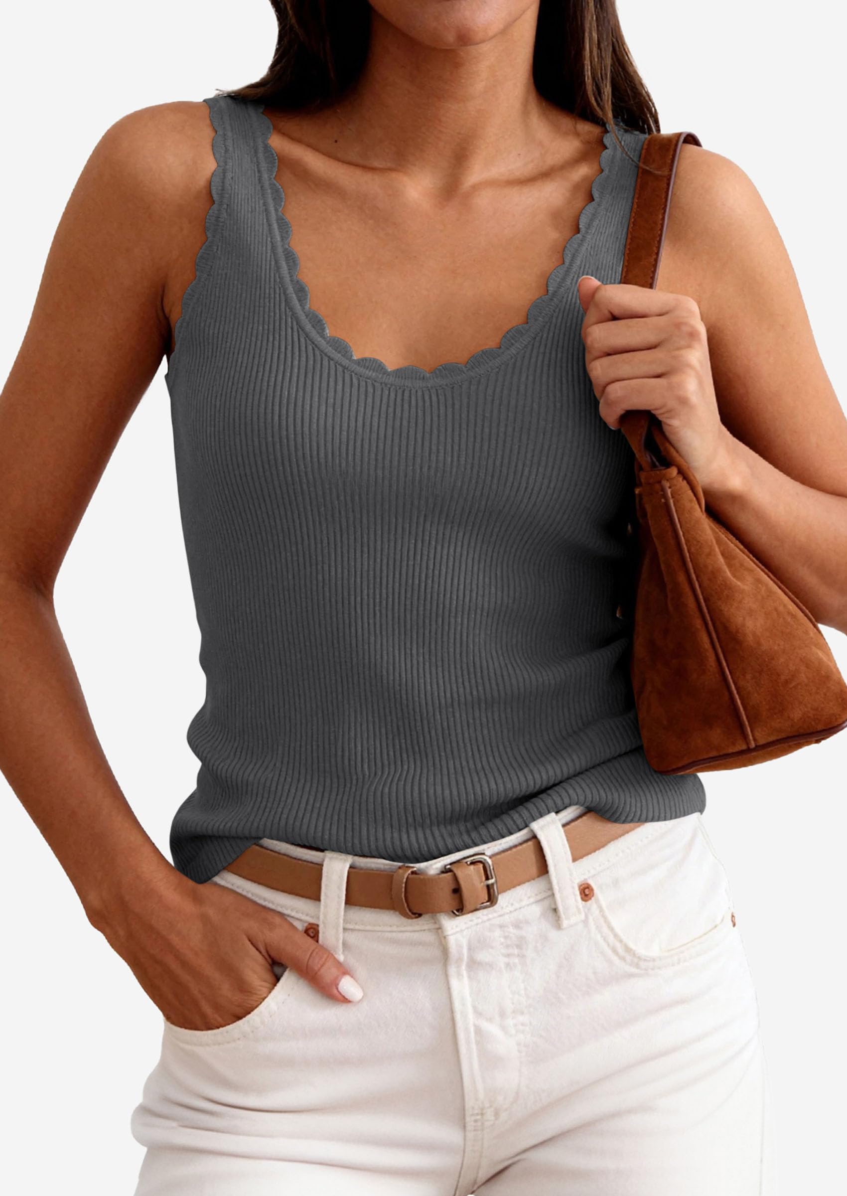 Womens Ribbed Knit Sleeveless Tank Tops,Dark Grey,XS