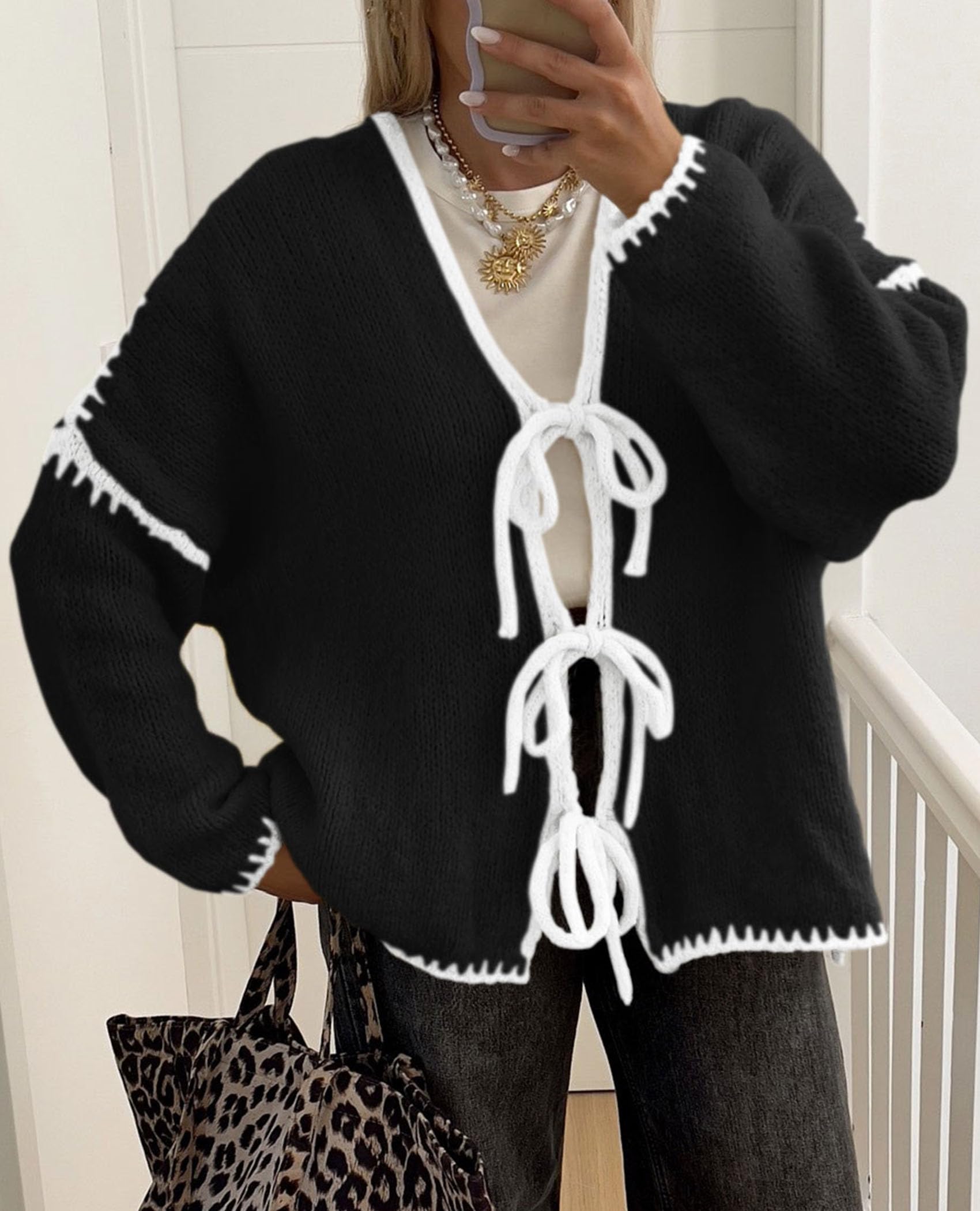 Women's Tie Front Bow Cardigan Sweaters(Black White,Small)