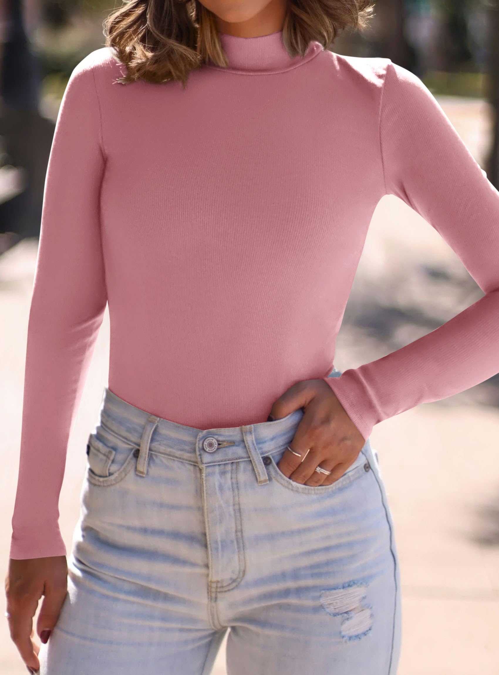 Womens Mock Turtleneck Fall Long Sleeve Shirts,Pink,XS