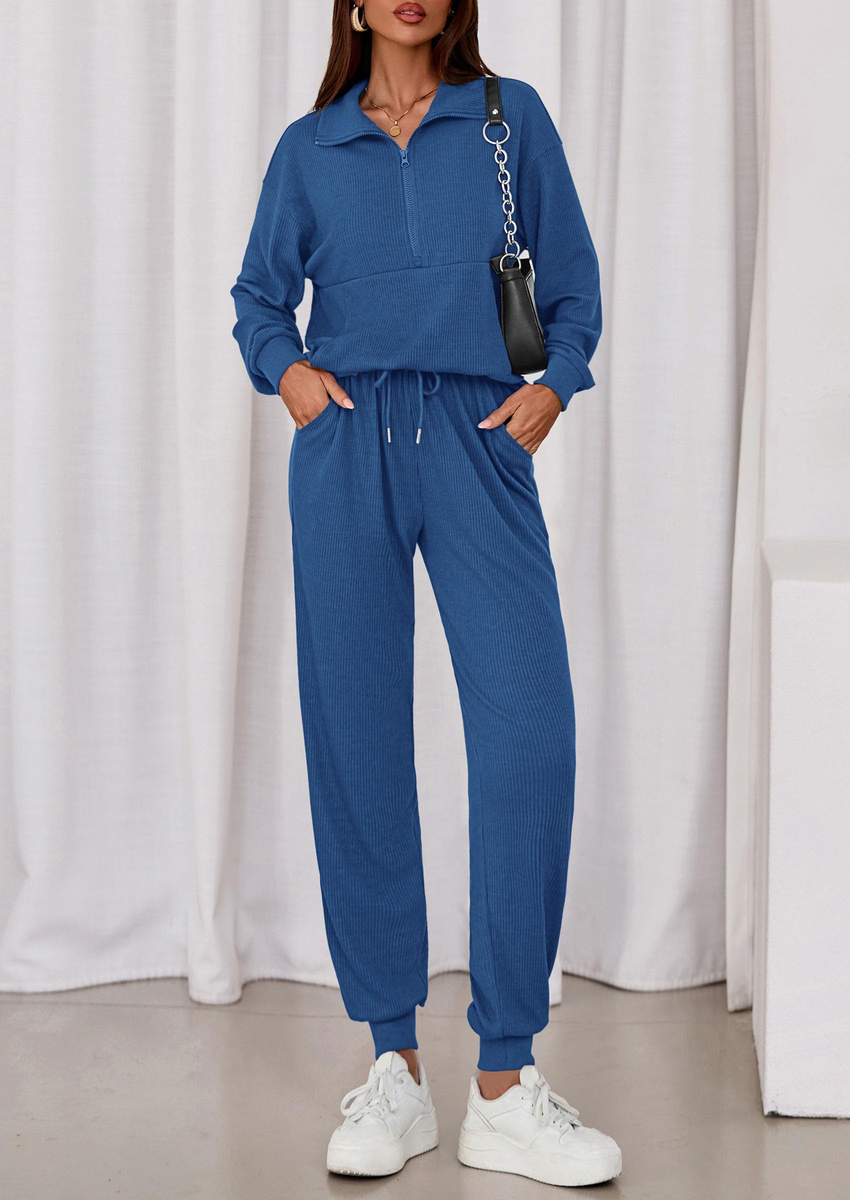 Airport Travel Outfit Women Ribbed Knit Matching Lounge Sets