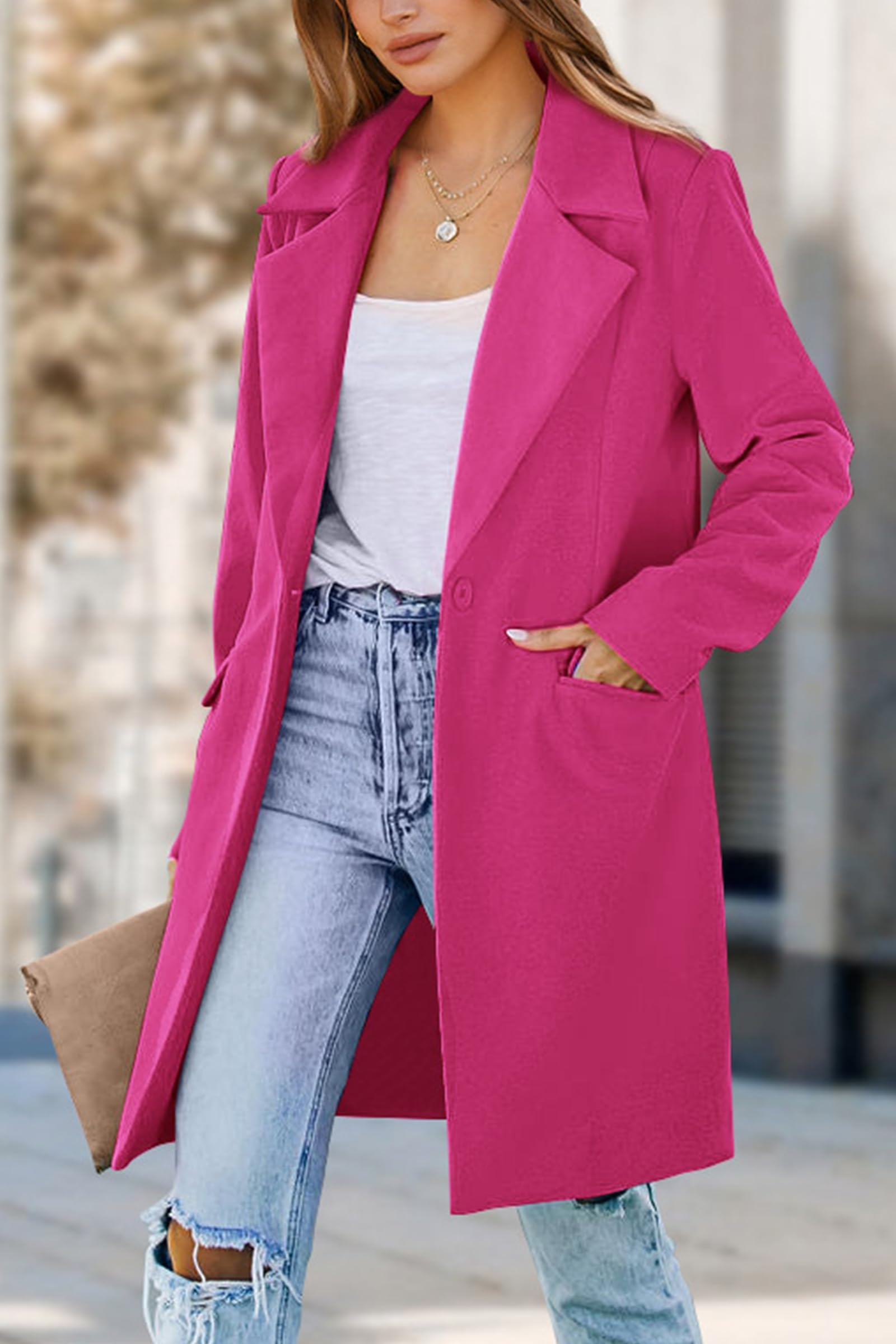 Women's Business Casual Long Blazer Jackets(Rose Red,S)