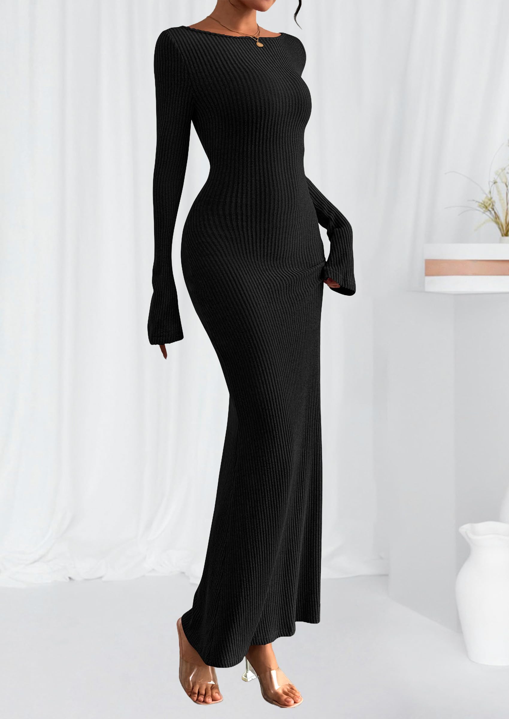 Women's Fall Long Sleeve Bodycon Maxi Dresses (Black,XS)