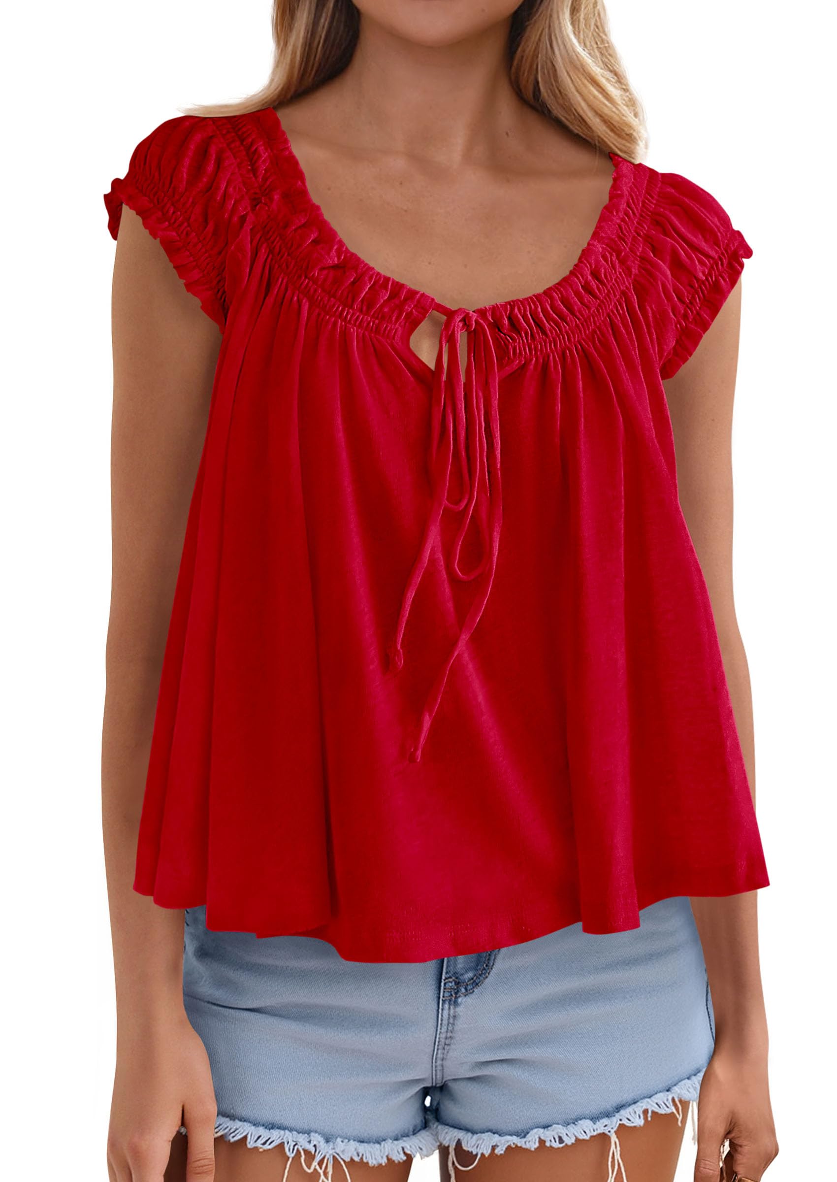 Womens Summer Tank Tops Babydoll Peplum Blouses,Red,S