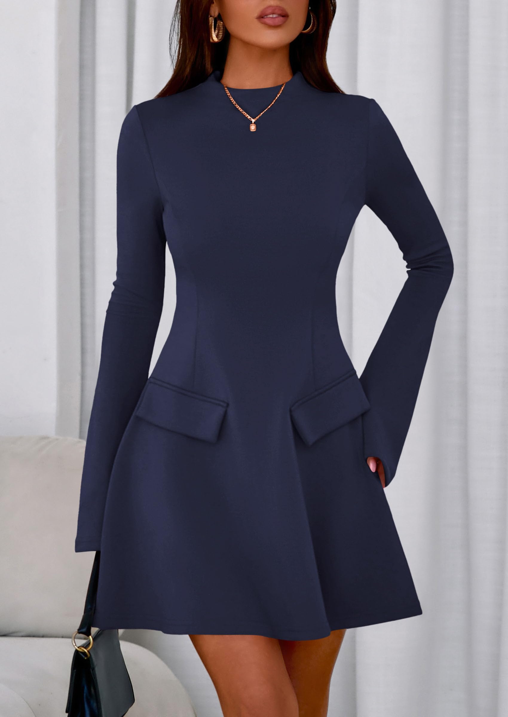 Women's Fall Bell Sleeve Short Dress,Dark Blue,XS