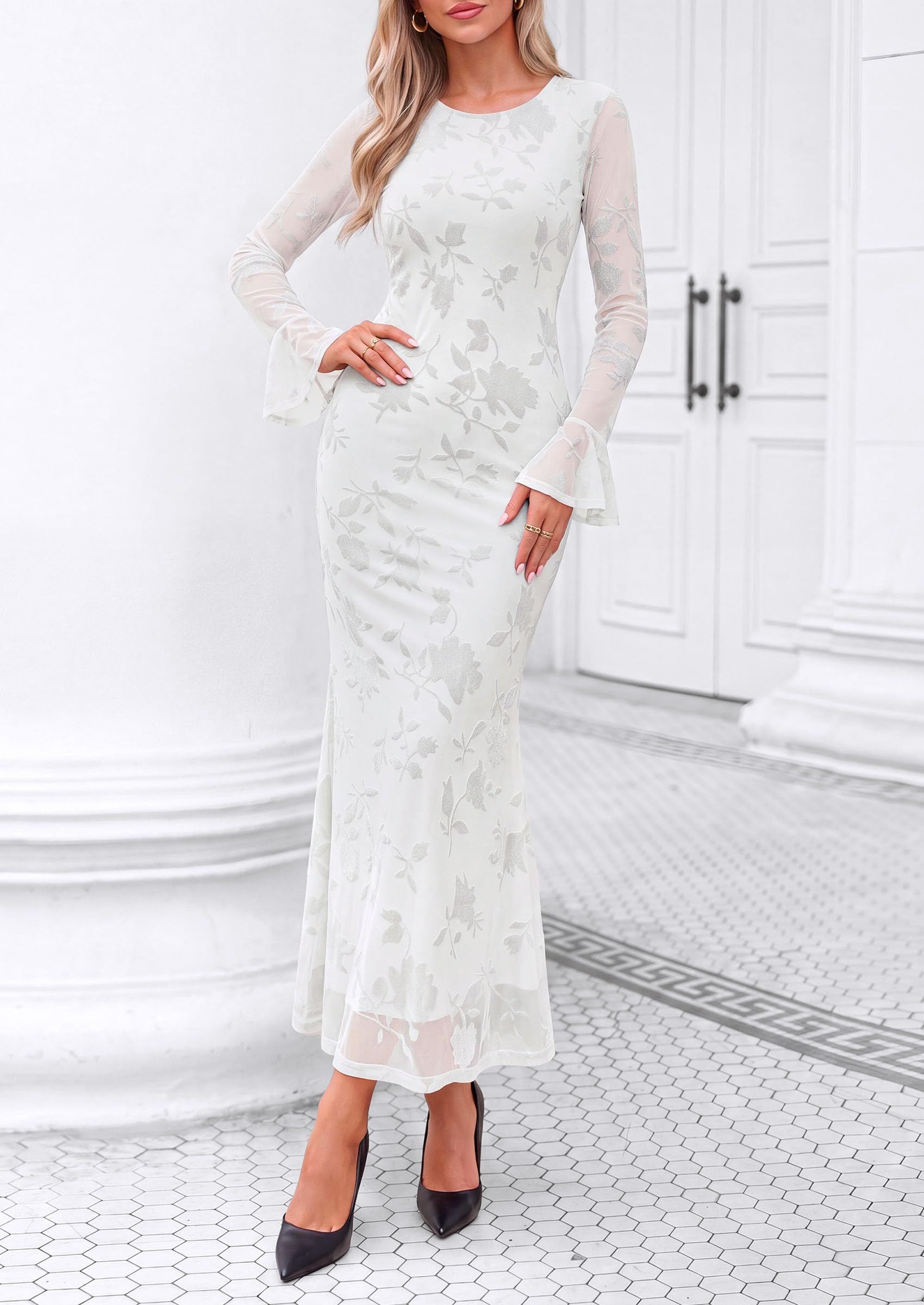Women's Long Sleeve Maxi Floral Mesh Fall Wedding Guest Dress