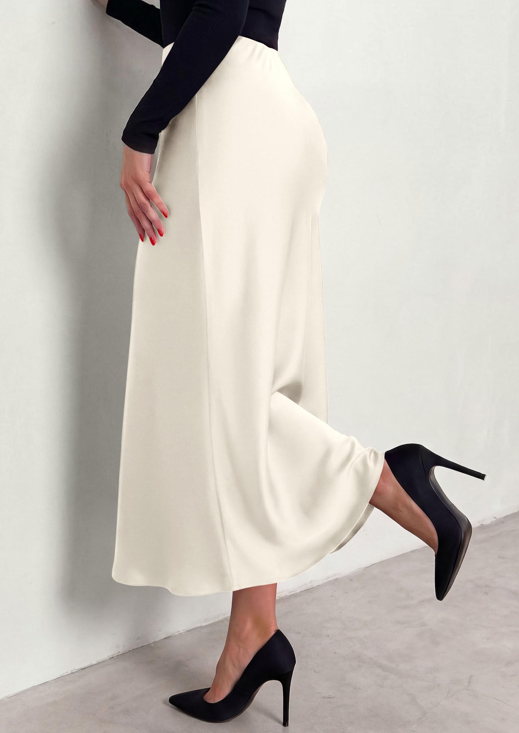 Women's Silk Satin Maxi Skirts Fall Clothes (Beige,L)
