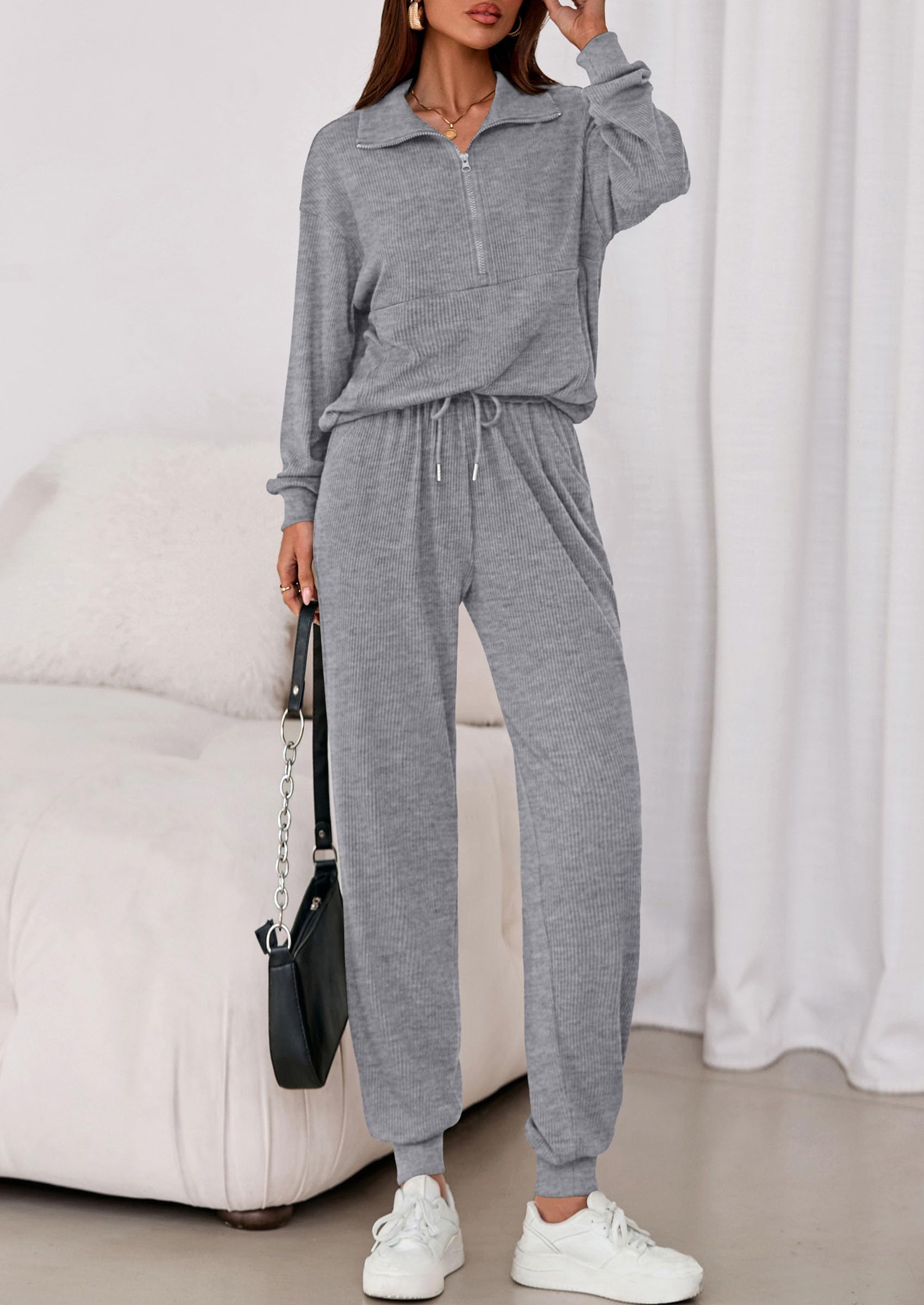 Airport Travel Outfit Women Ribbed Knit Matching Lounge Sets