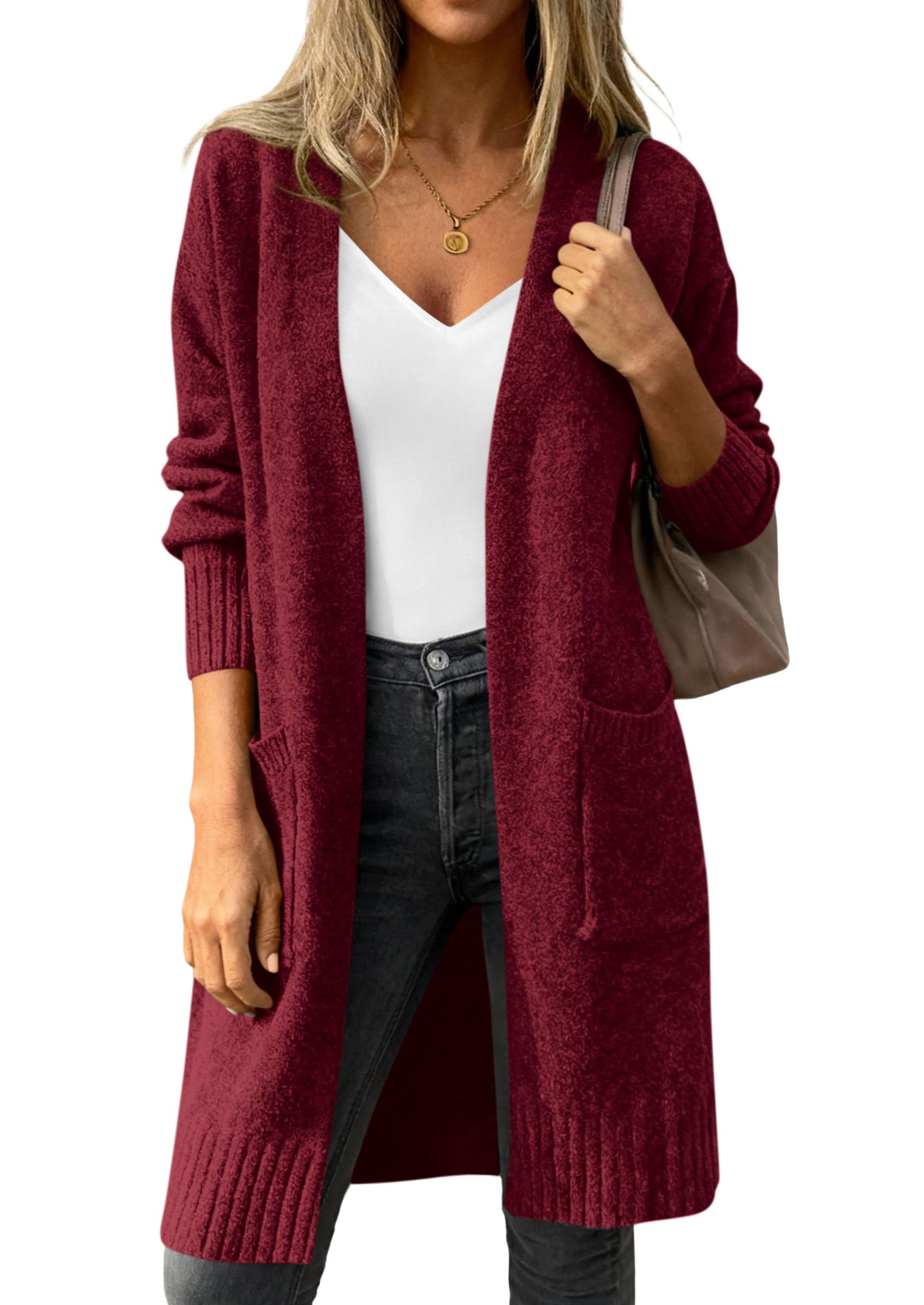 Women's Oversized Open Front Long Knit Cardigan,Burgundy,S