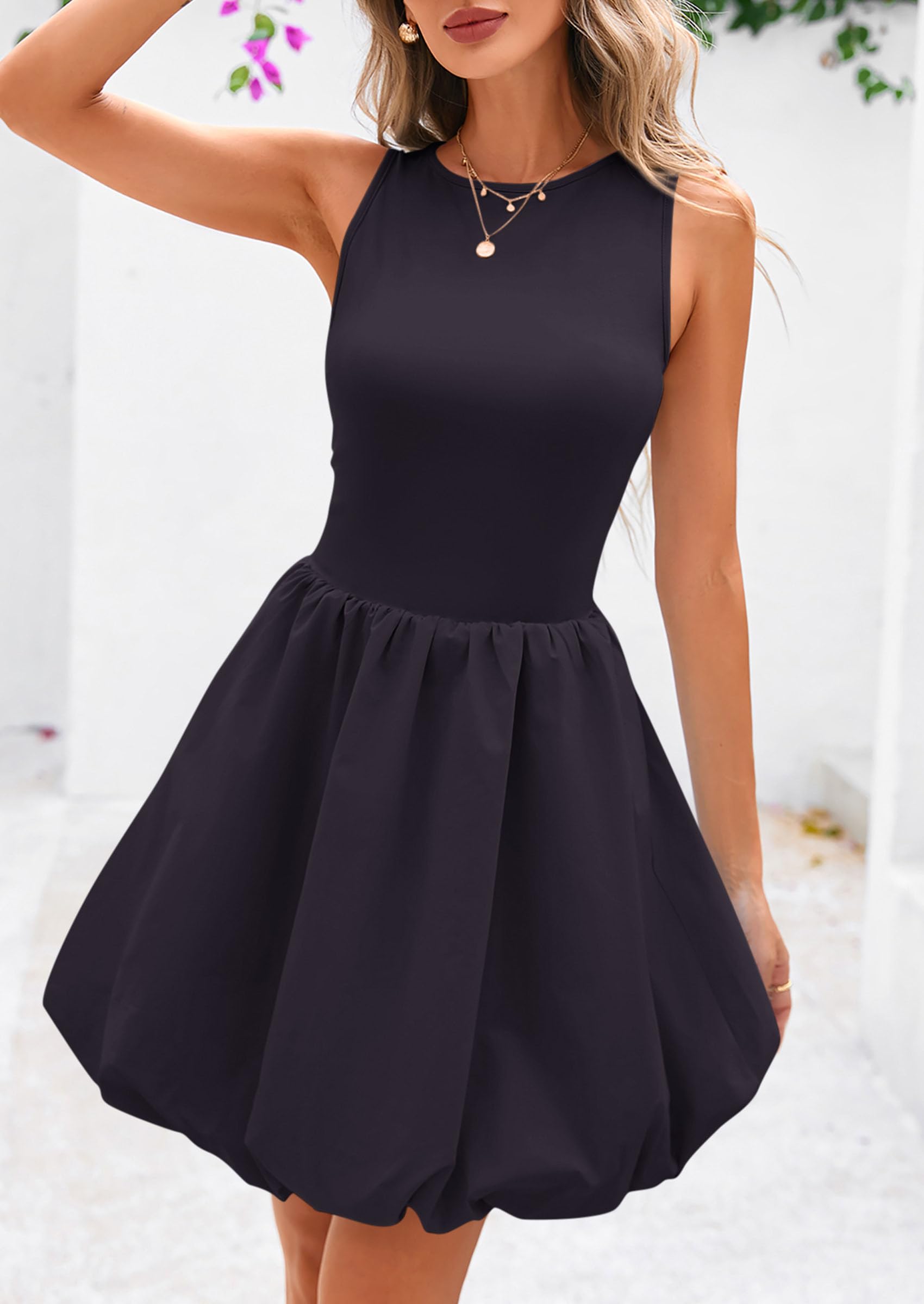 Womens Summer Bubble Sleeveless Mini Dress,Navy,S