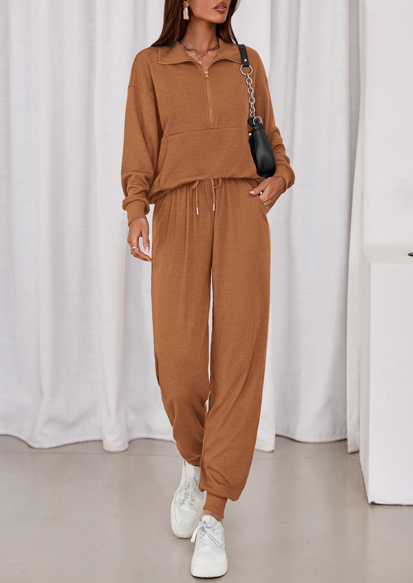 Airport Travel Outfit Women Ribbed Knit Matching Lounge Sets