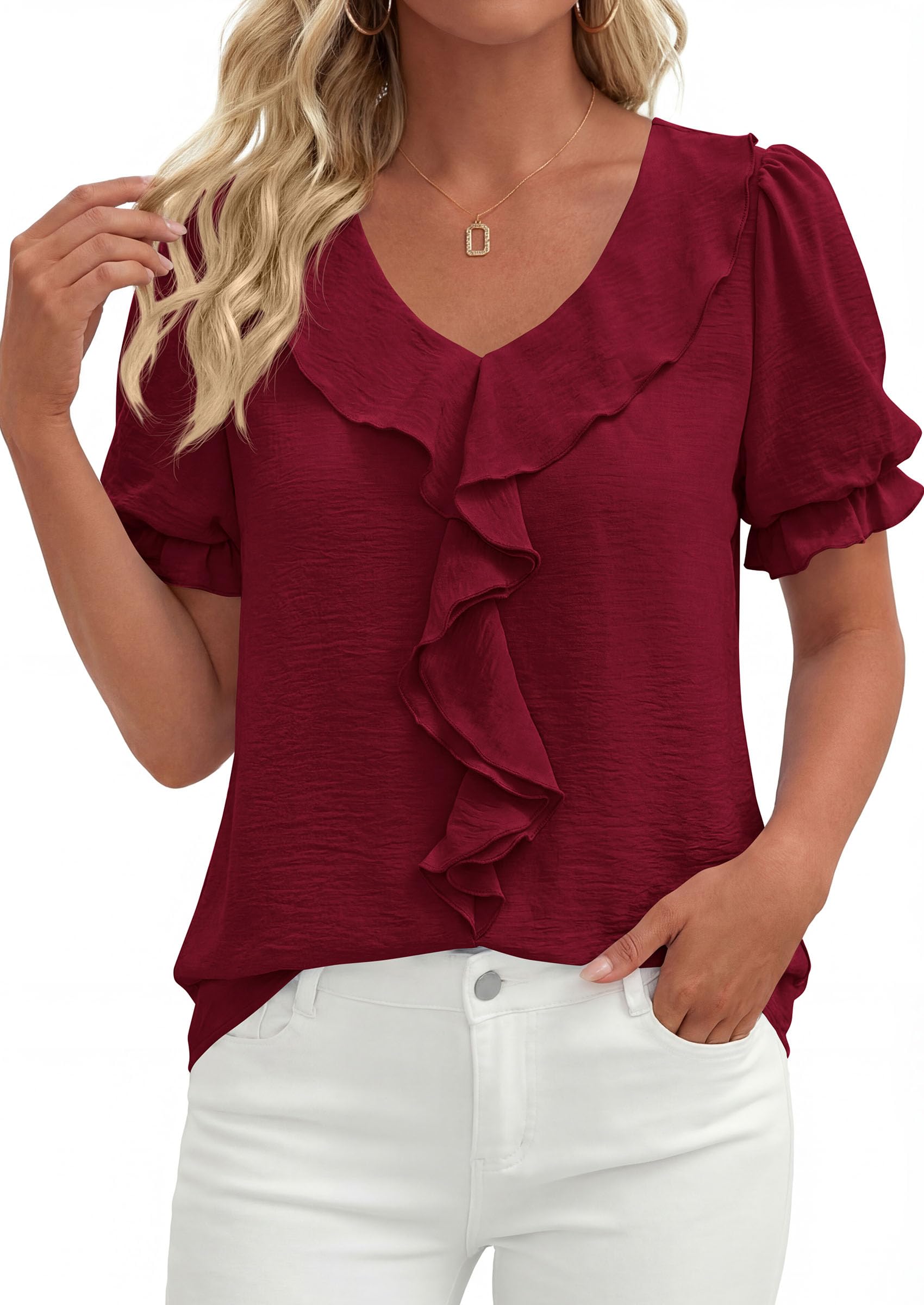 Women's Summer Ruffle Dressy Casual Blouses (Burgundy,S)