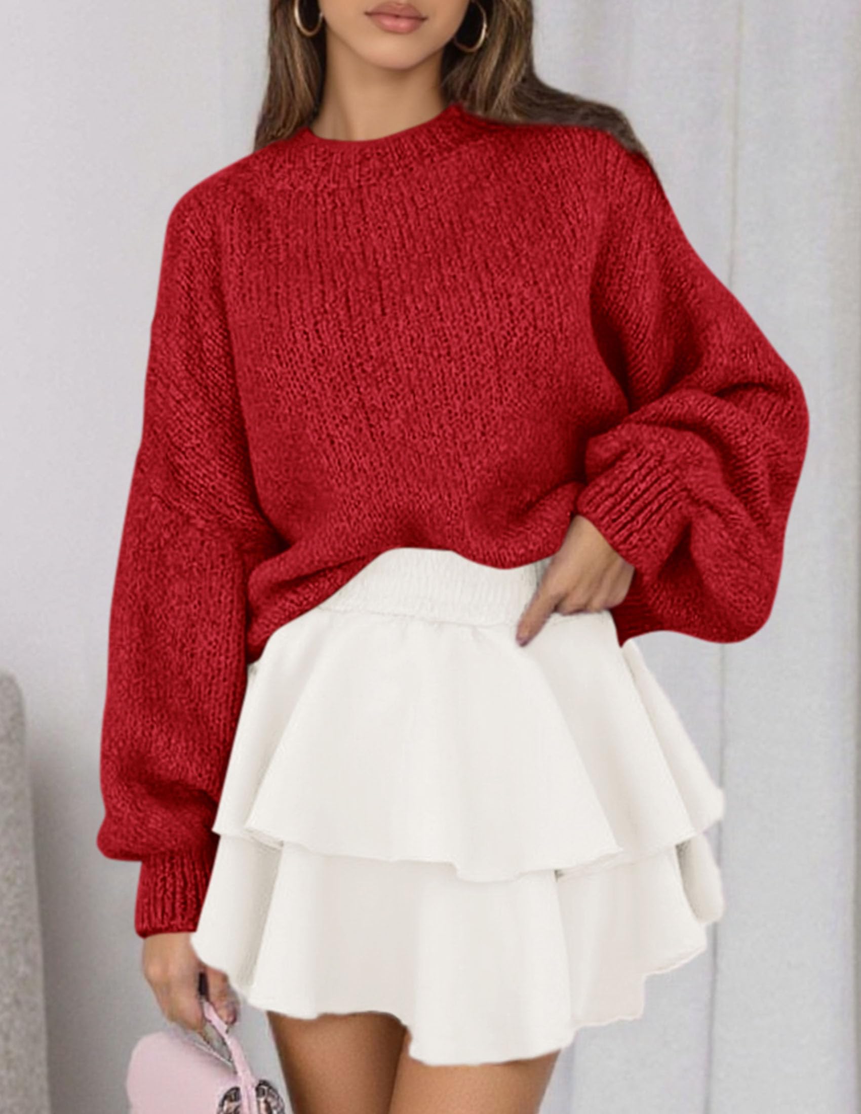 Women's Chunky Knit Oversized Pullover Sweaters,Red,S