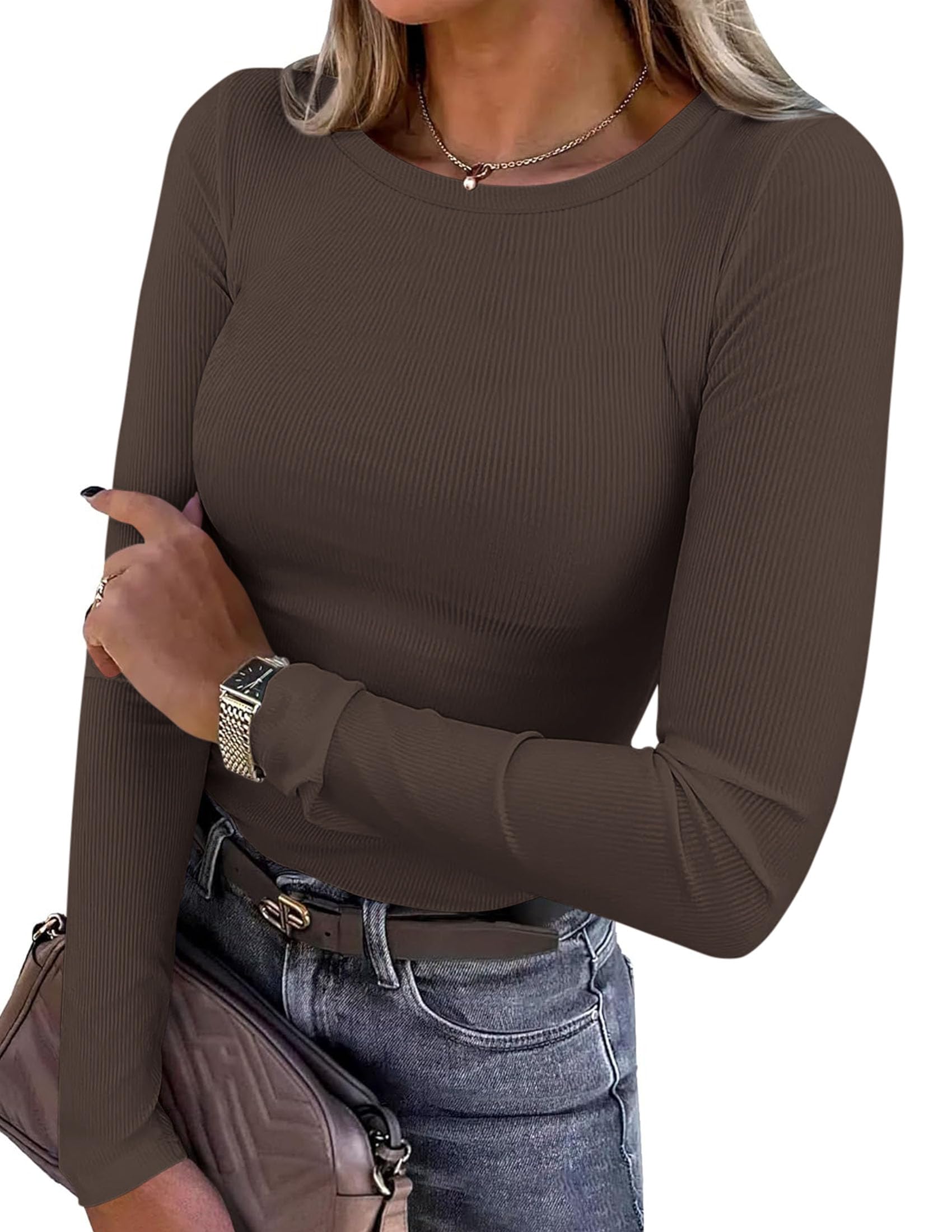 Women's Fall Long Sleeve Shirts Basic Tees (Dark Brown,XS)