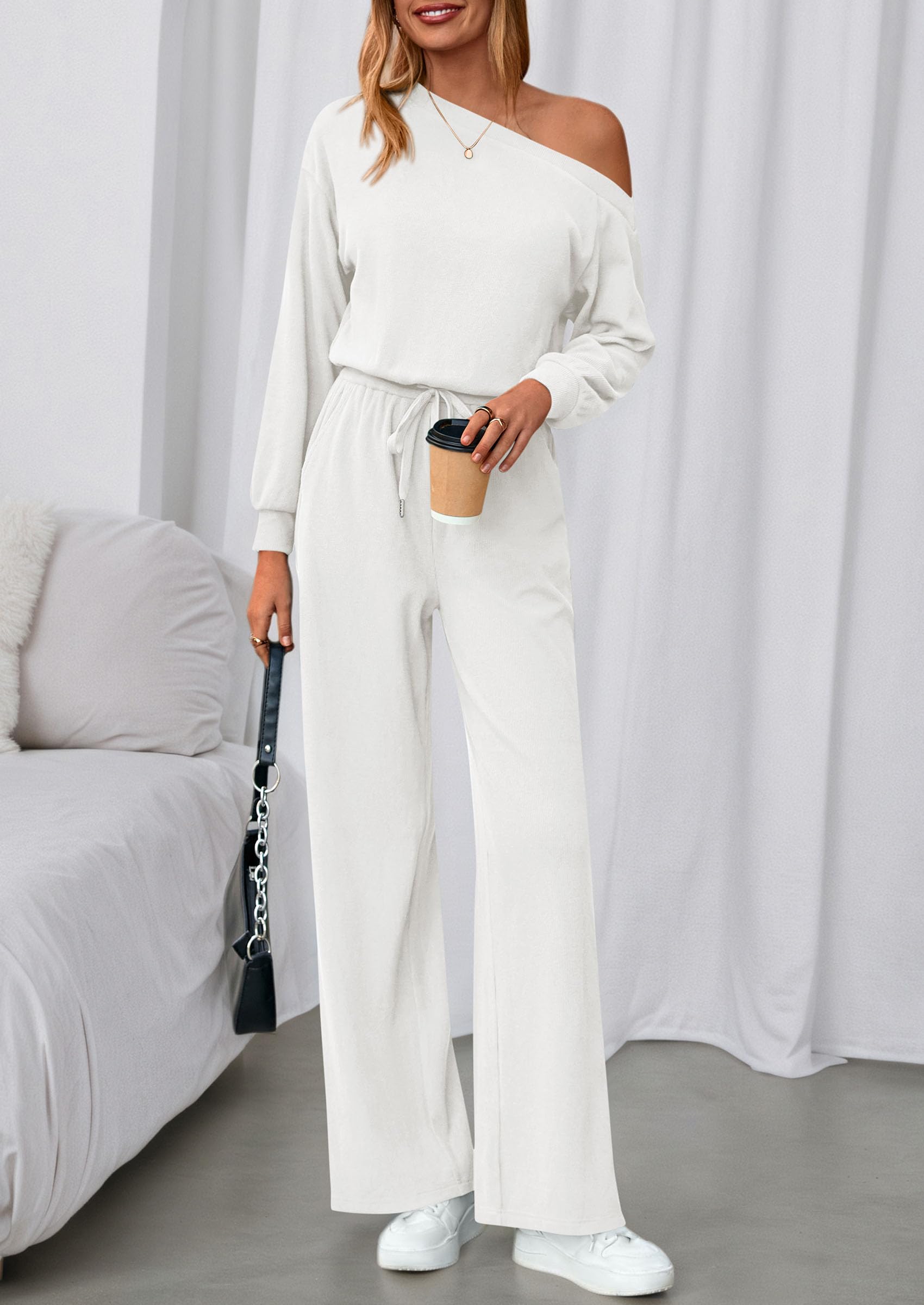 Womens Off Shoulder Long Sleeve Jumpsuit,White,M
