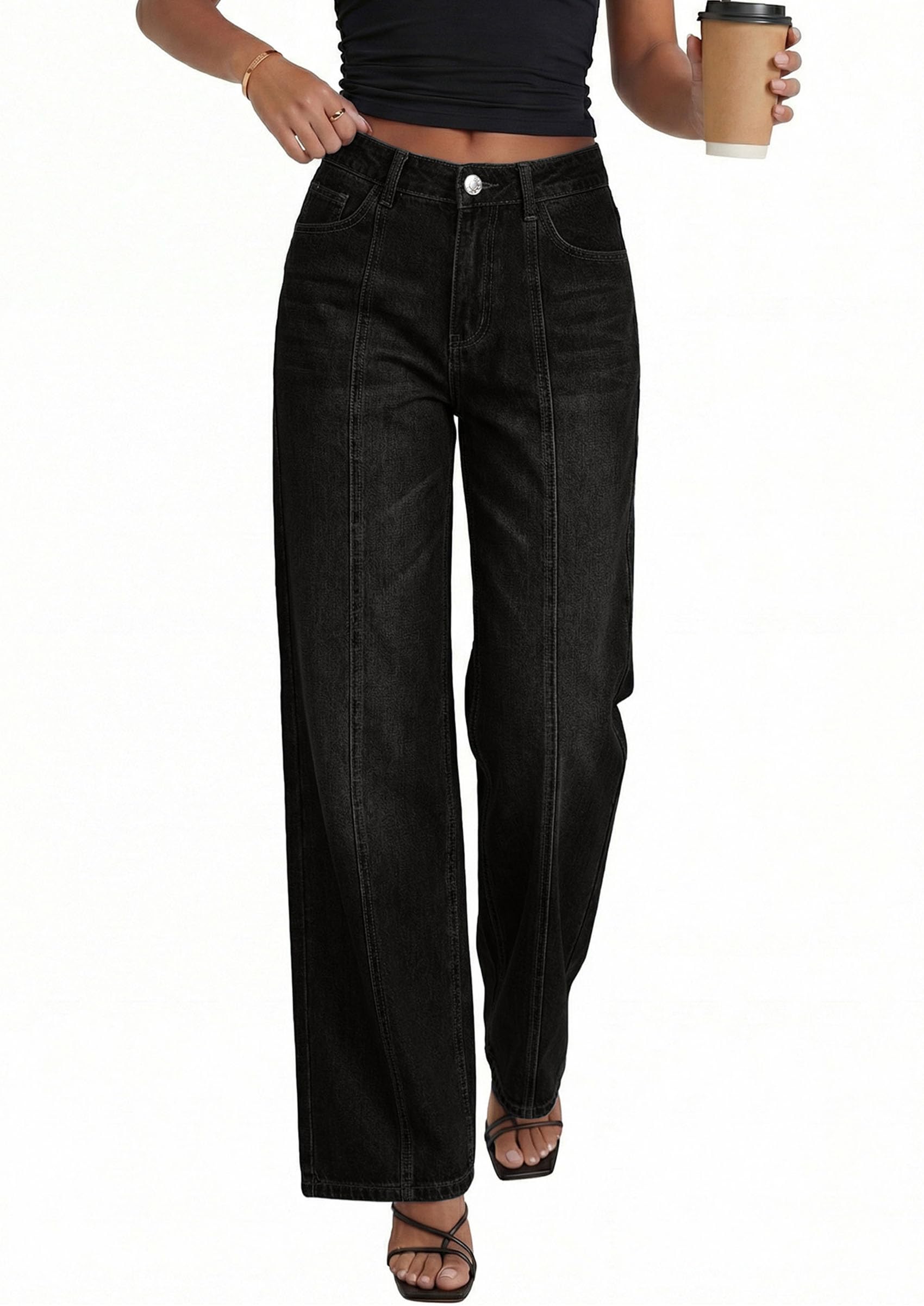 Women's Wide Leg Jeans Stretchy Baggy Denim Pants,Black,4