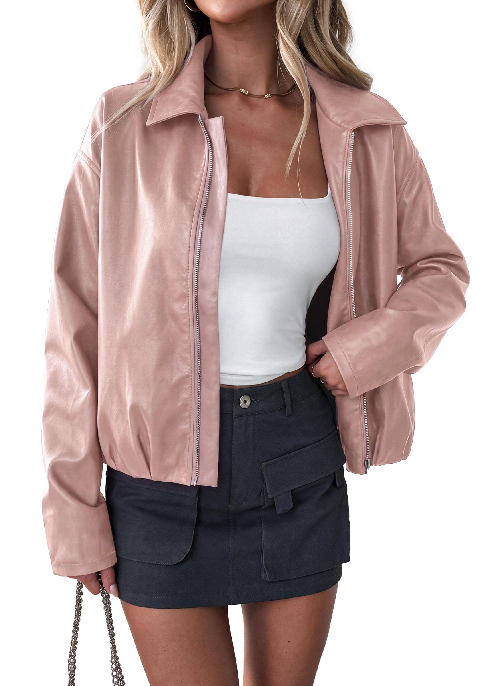 Womens Faux Leather Motorcycle Jackets Fall Cropped Coats
