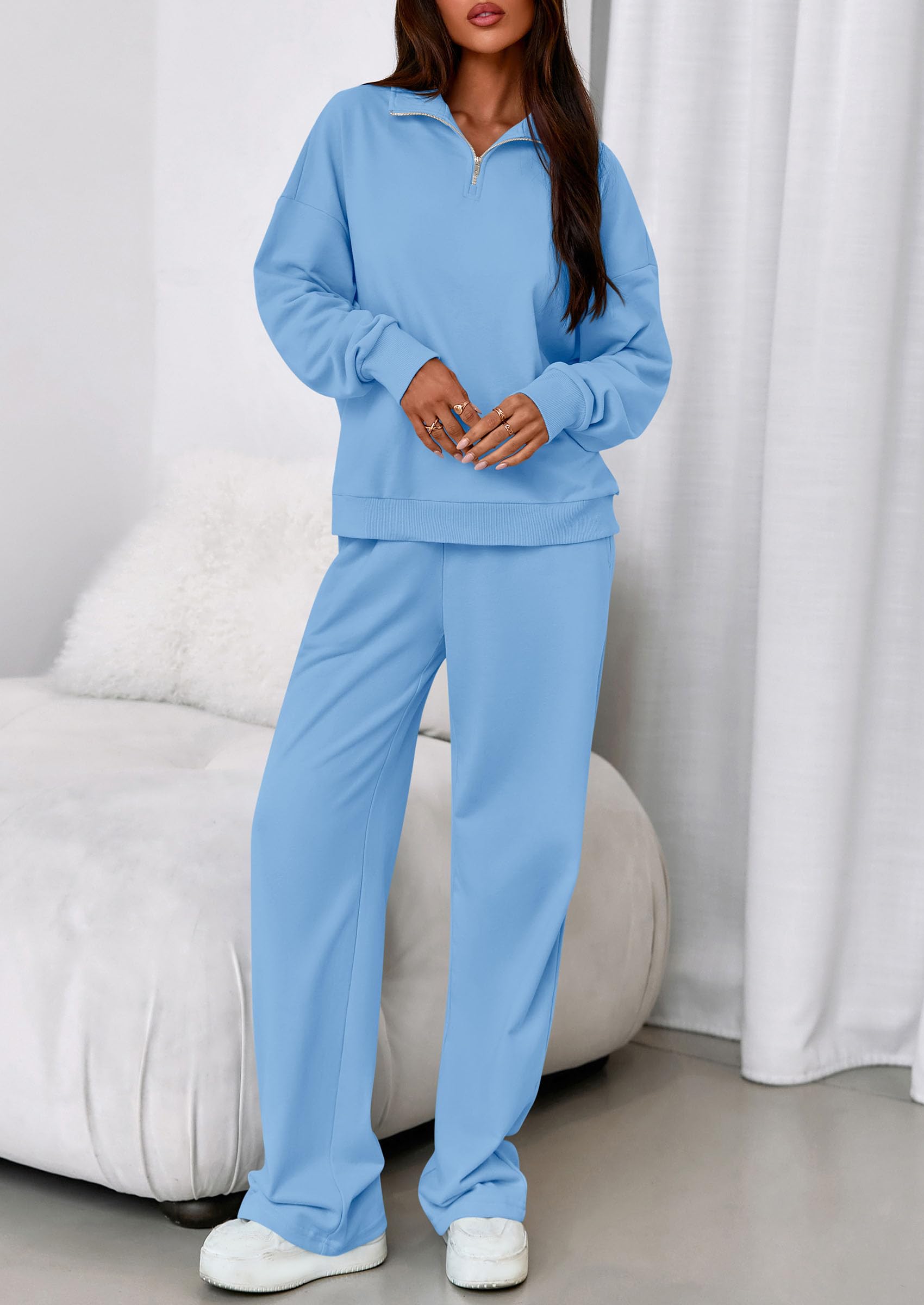Womens 2 Piece Outfits Matching Lounge Sets,Light Blue,S