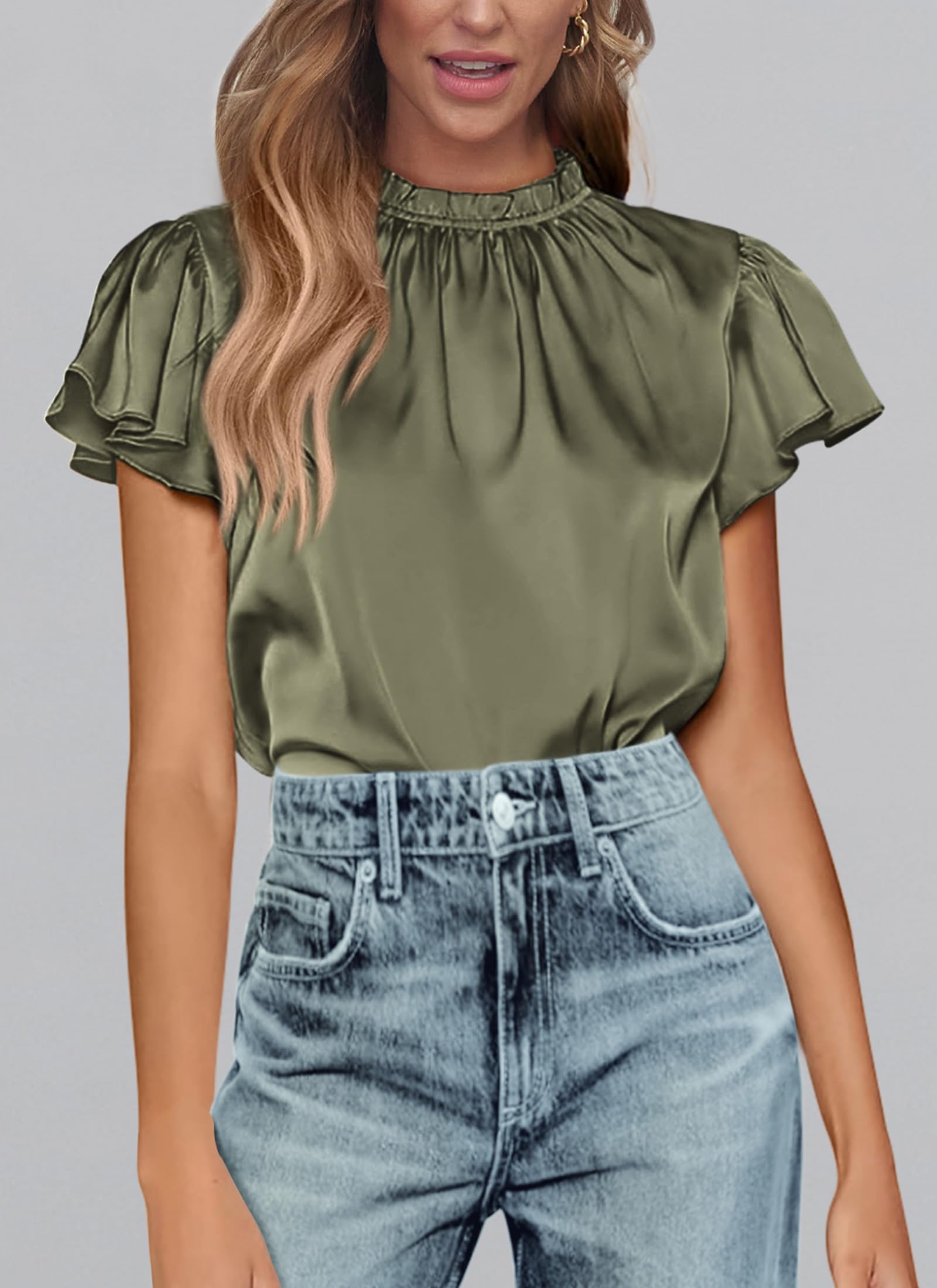 Women's Satin Tops Business Casual Work Blouses, Army Green,L