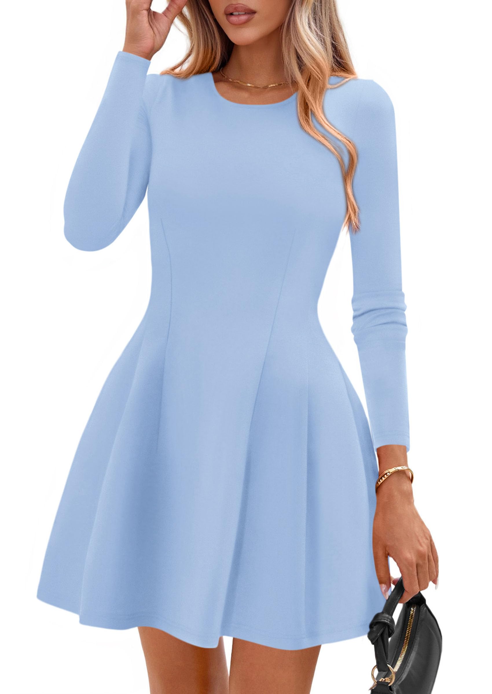 Womens Long Sleeve Pleated Mini Dress,Light Blue,XS
