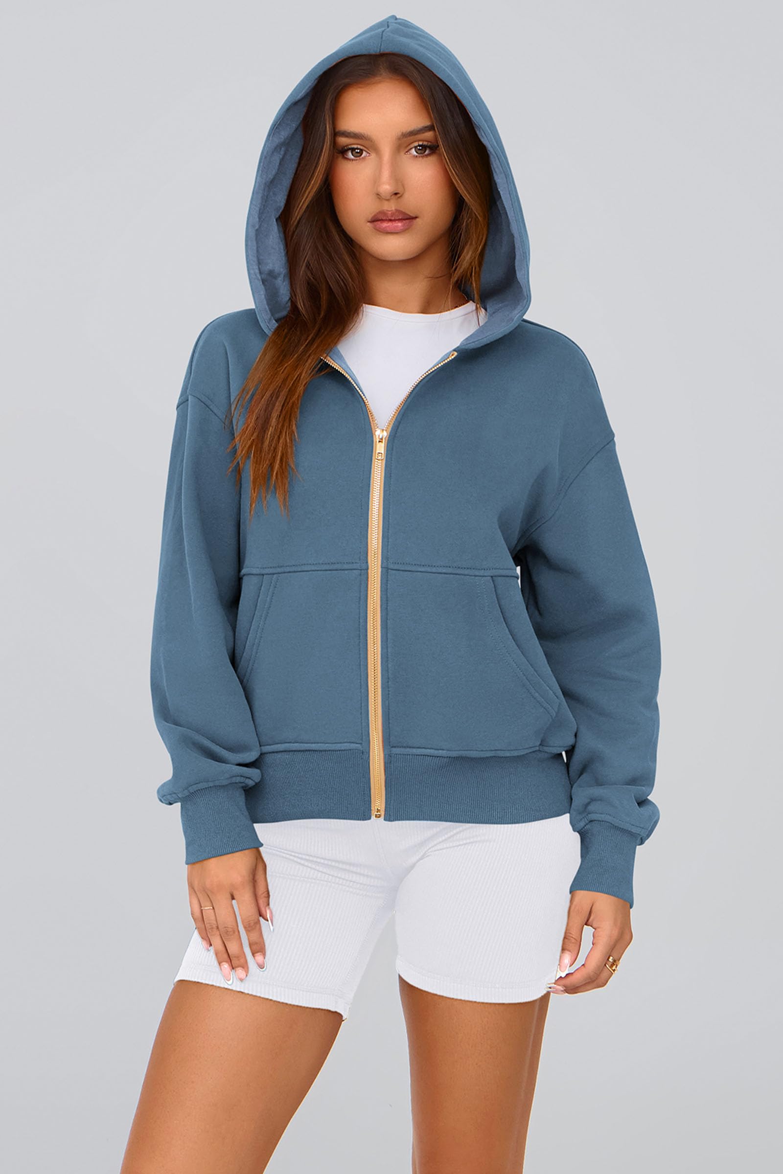 Hoodies for Women Fall Fashion Zip Up Fleece Plain Sweatshirt