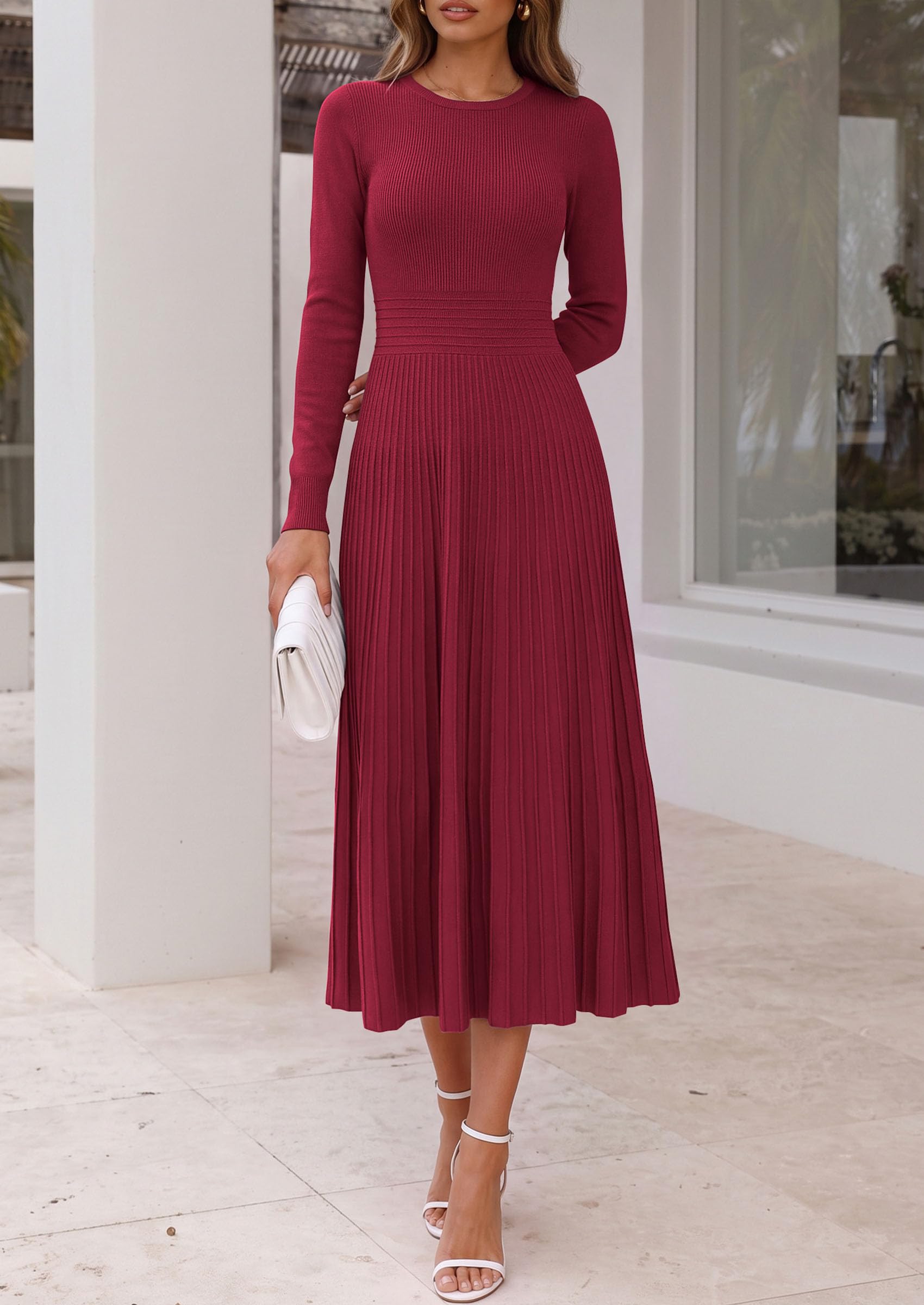Women's Long Sleeve Knit Maxi Sweater Dress,Burgundy,S