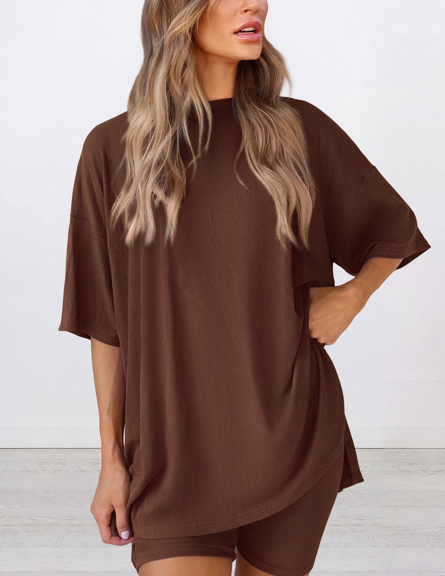 Women 2 Piece Lounge Set Airport Travel Outfit, Light Coffee,S