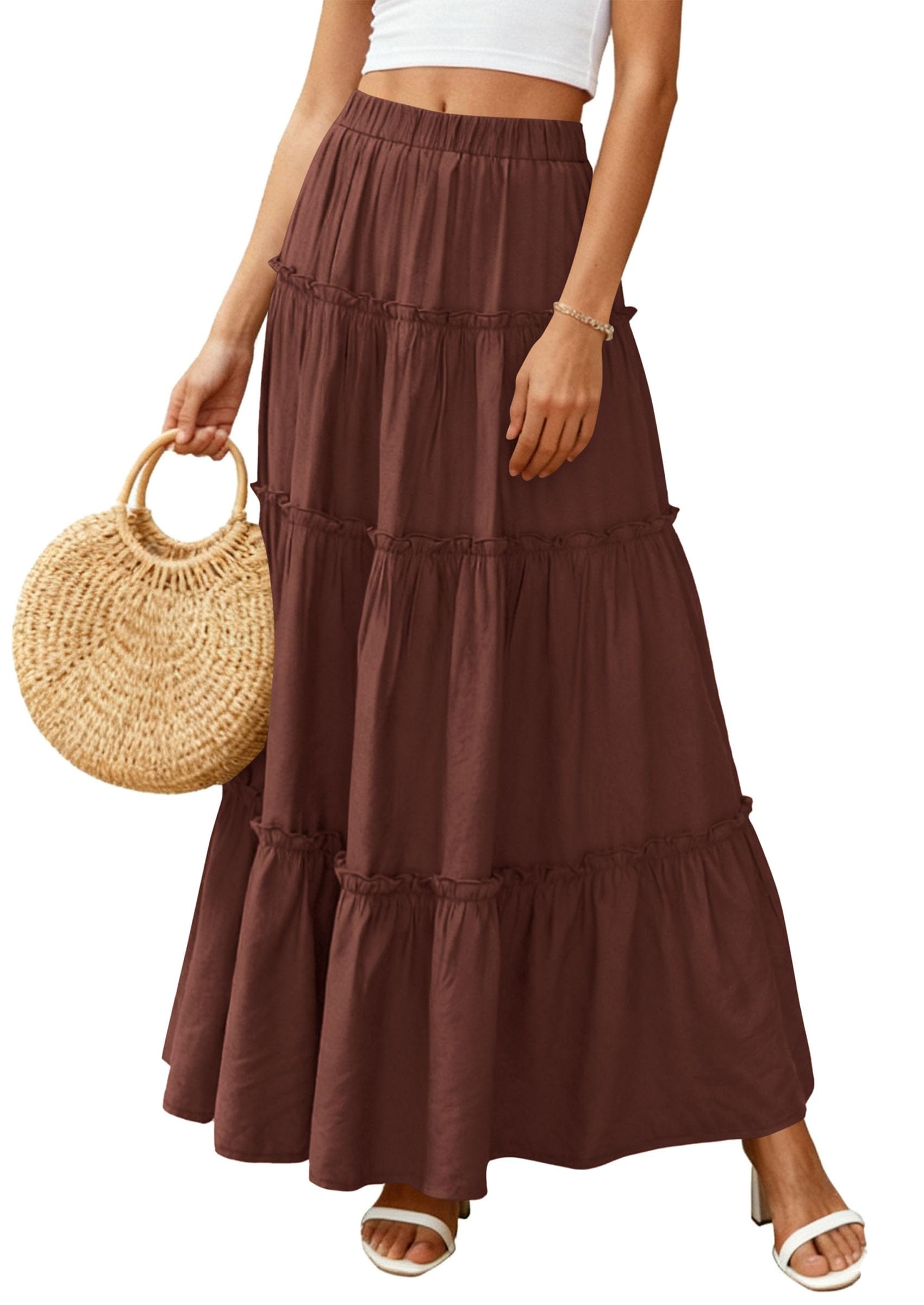 Women's Boho Tiered Ruffle Flowy Maxi Skirt, Brown,S