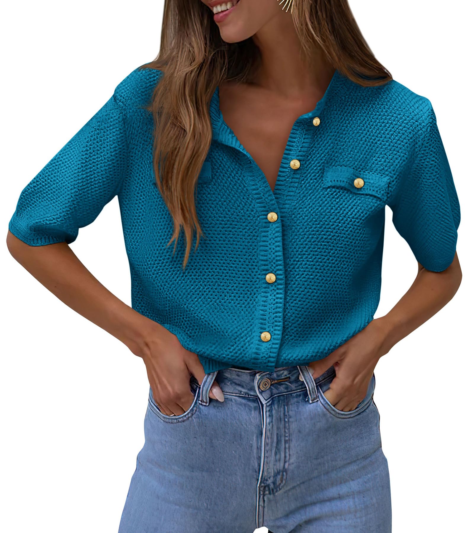 Women's Summer Casual Button Down Shirts Cyan,Small