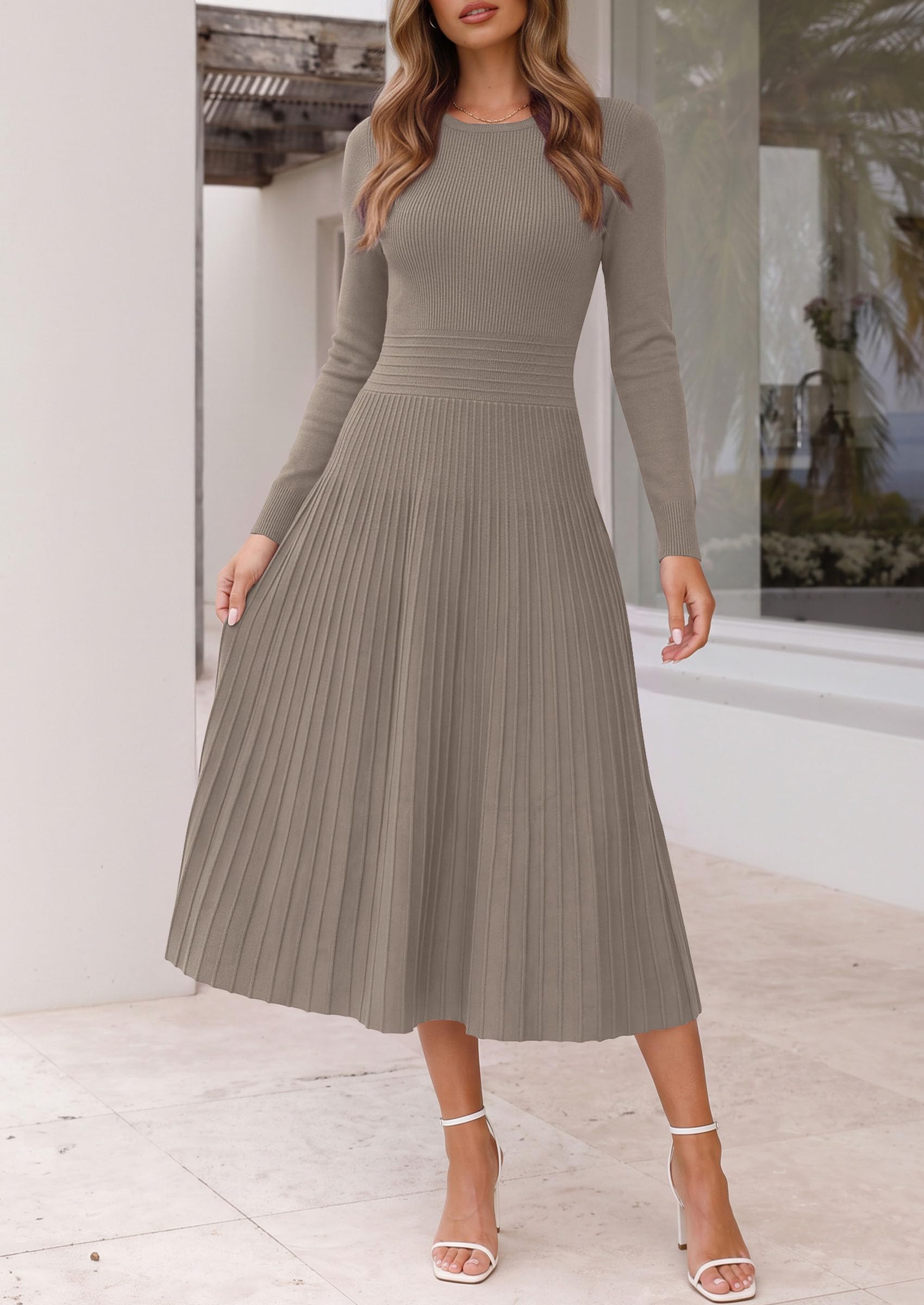 Women's Long Sleeve Knit Maxi Sweater Dress,Grey Khaki,S