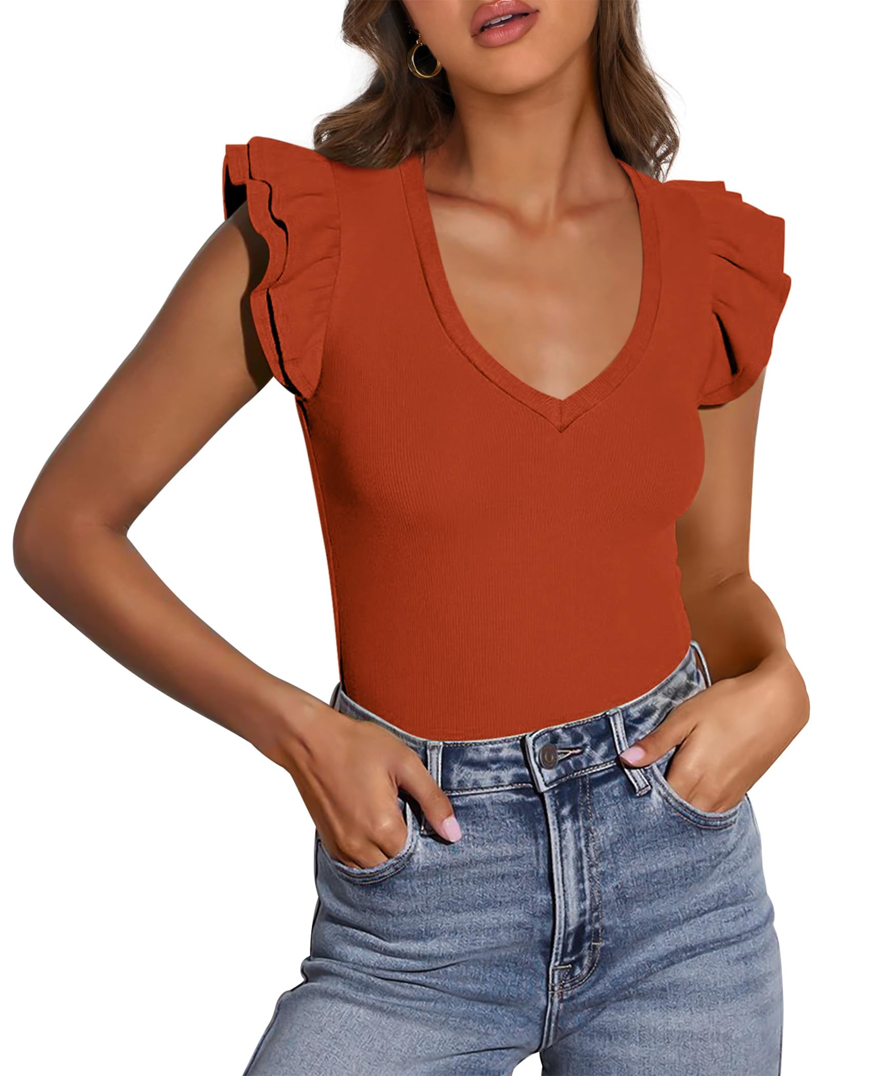 Womens Sleeveless Slim Fit T Shirts,Rust Red,S