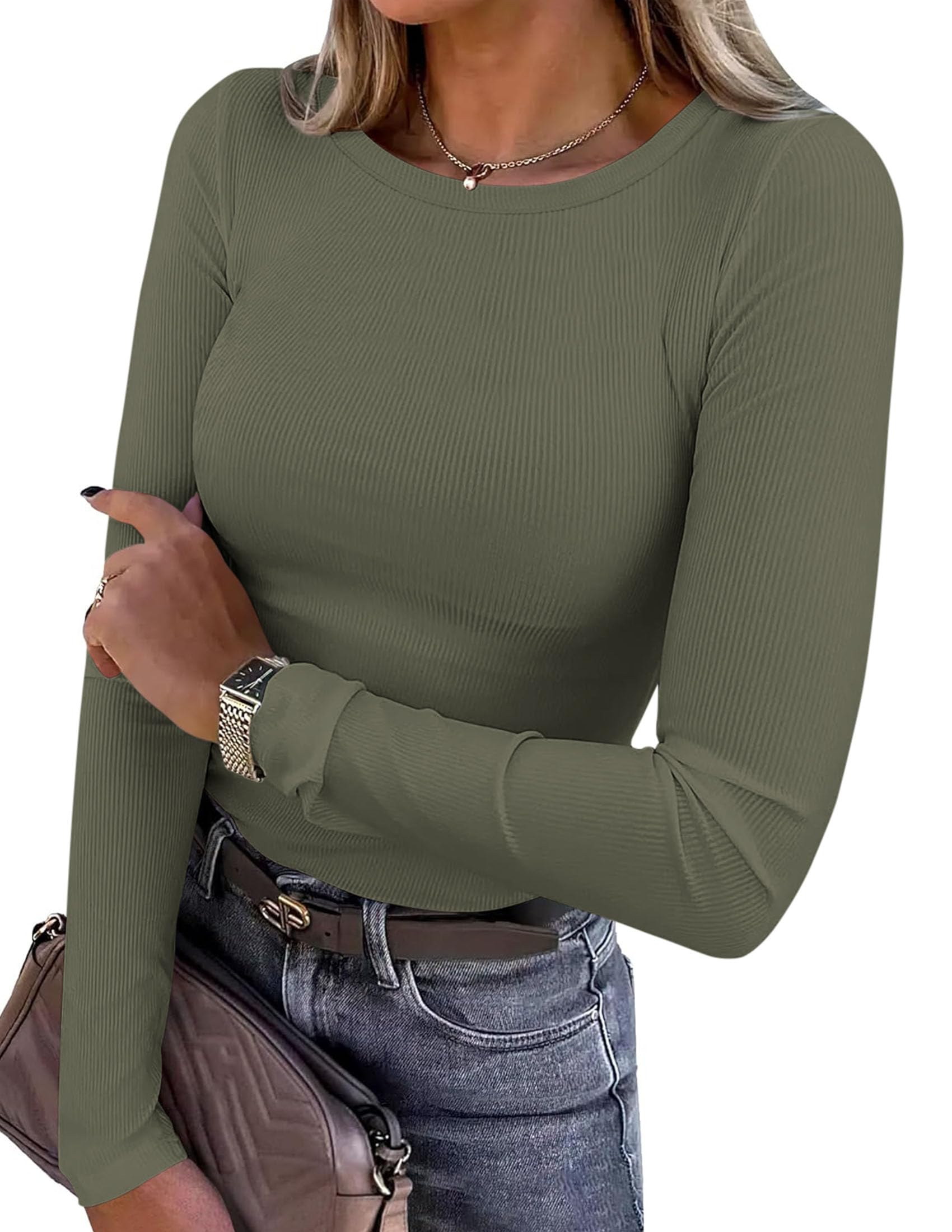 Women's Fall Long Sleeve Shirts Basic Tees (Army Green,XS)
