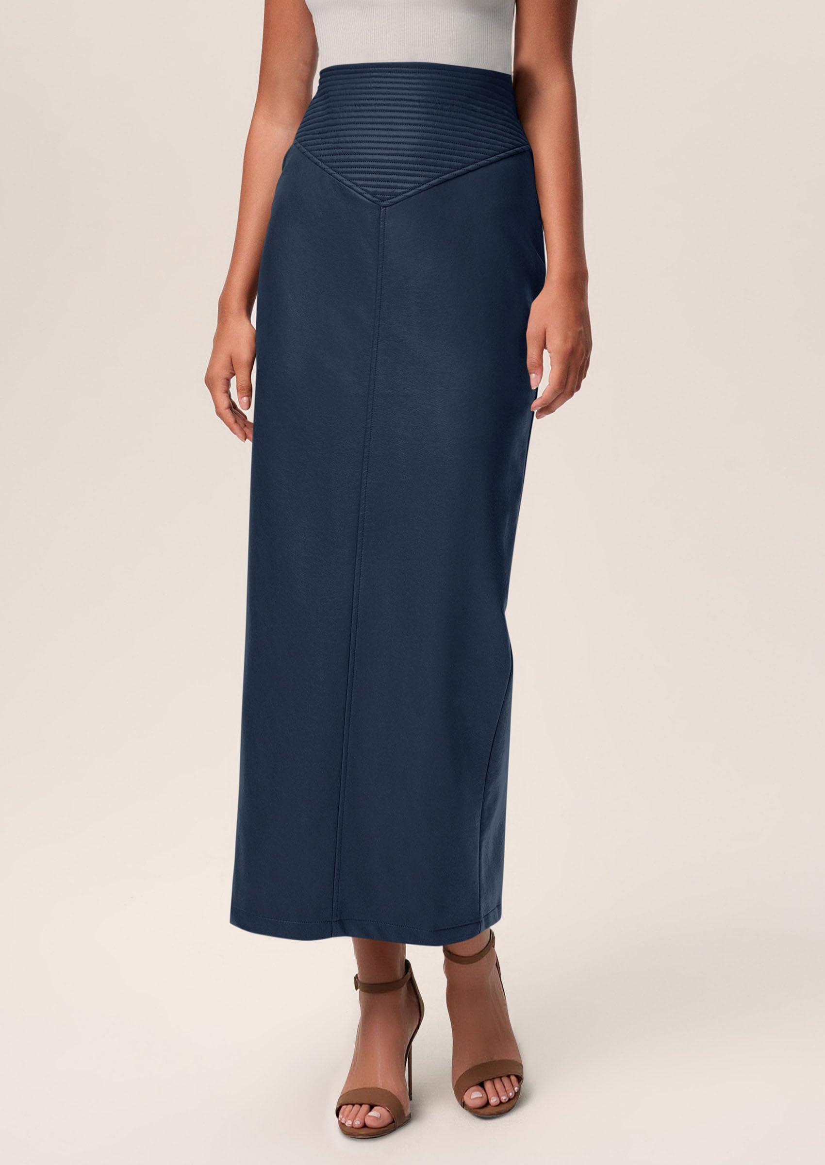 Women's Faux Leather High Waisted Maxi Skirts,Navy Blue,XS