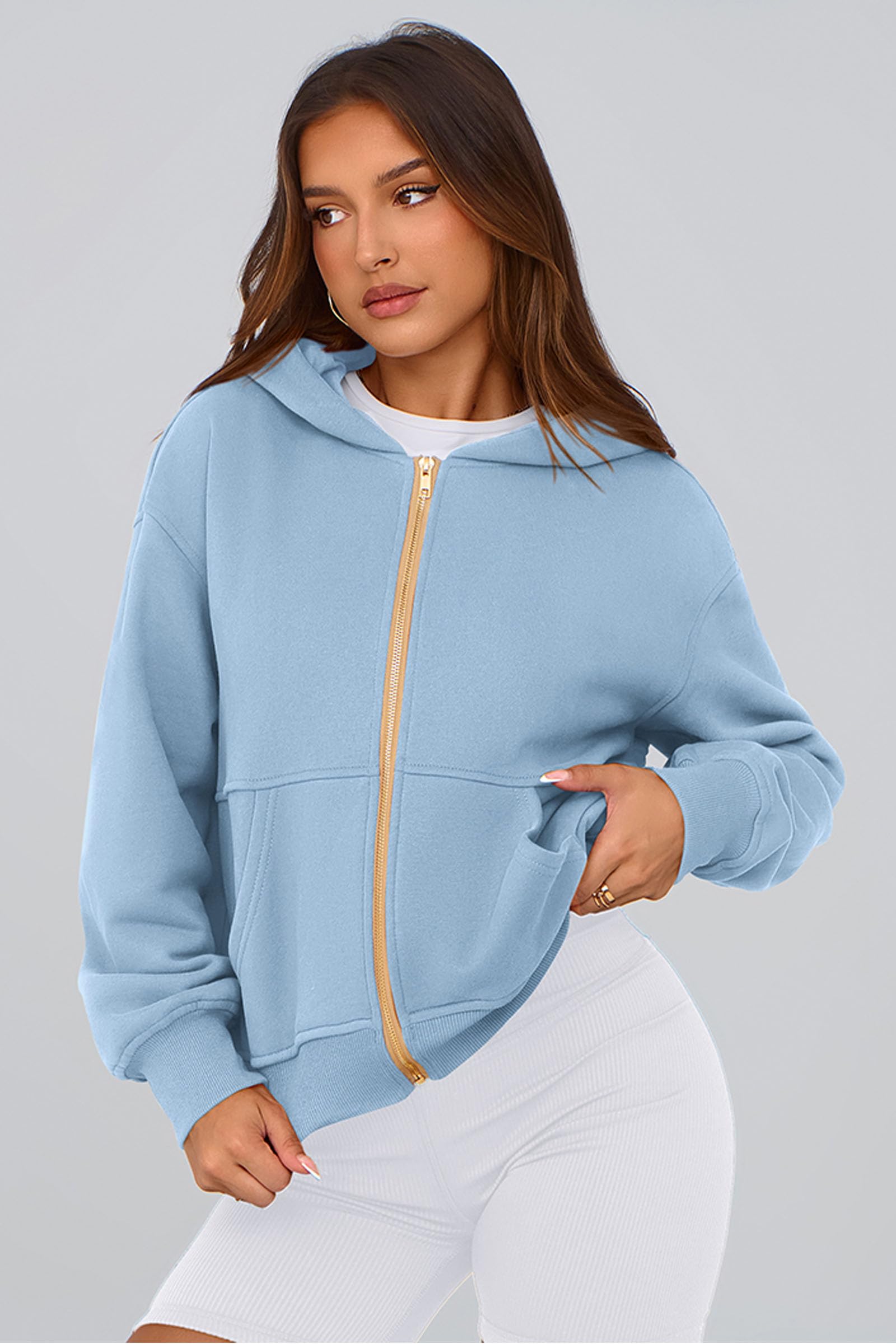 Hoodies for Women Fall Fashion Zip Up Fleece Plain Sweatshirt
