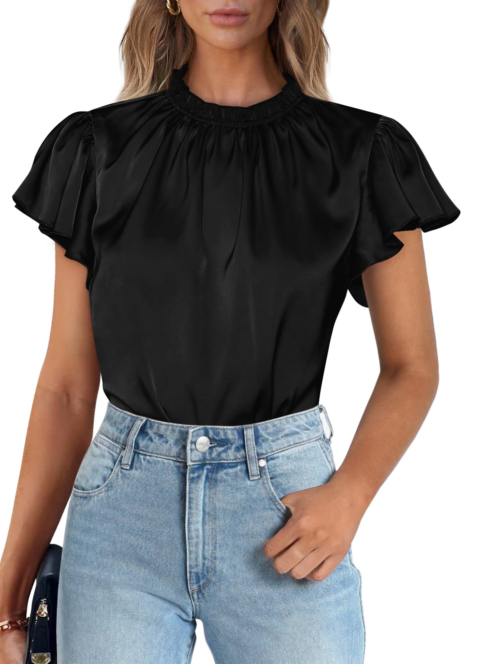 Women's Satin Tops Business Casual Work Blouses, Black,S