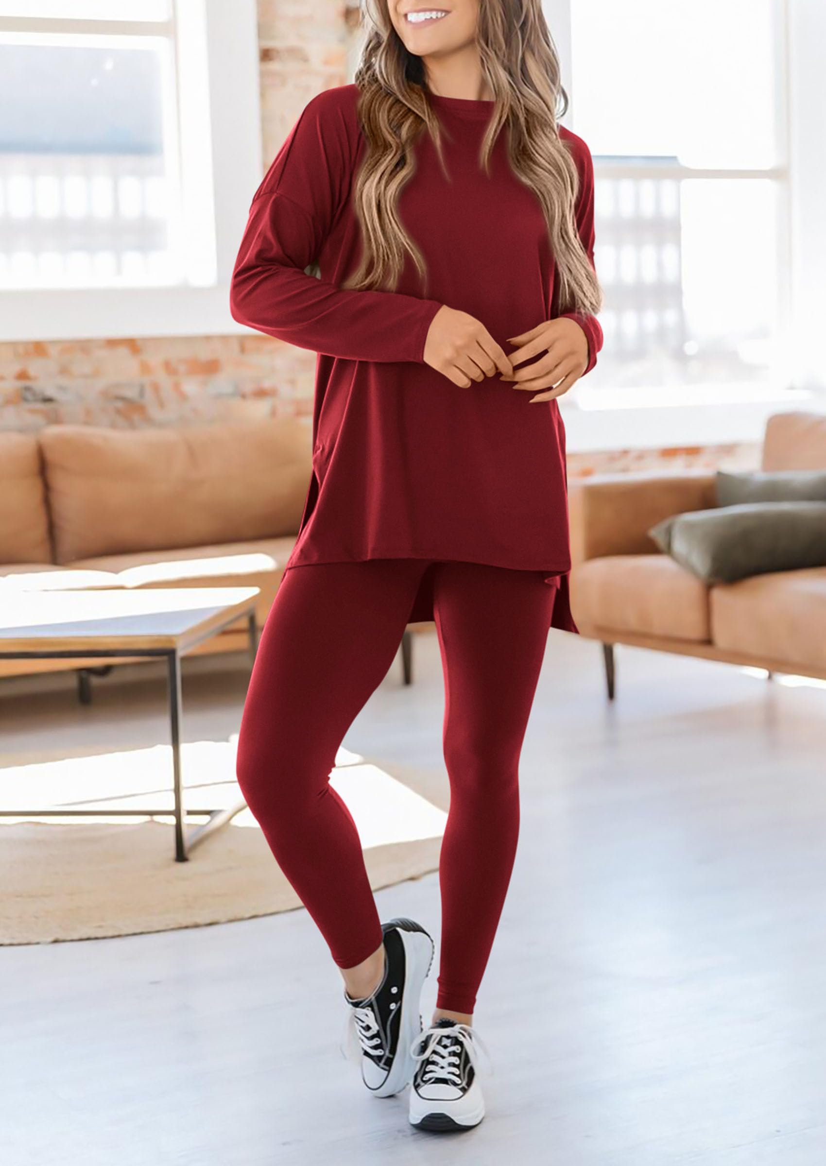 Women's 2 Piece Outfits Matching Lounge Sets,Wine Red,S