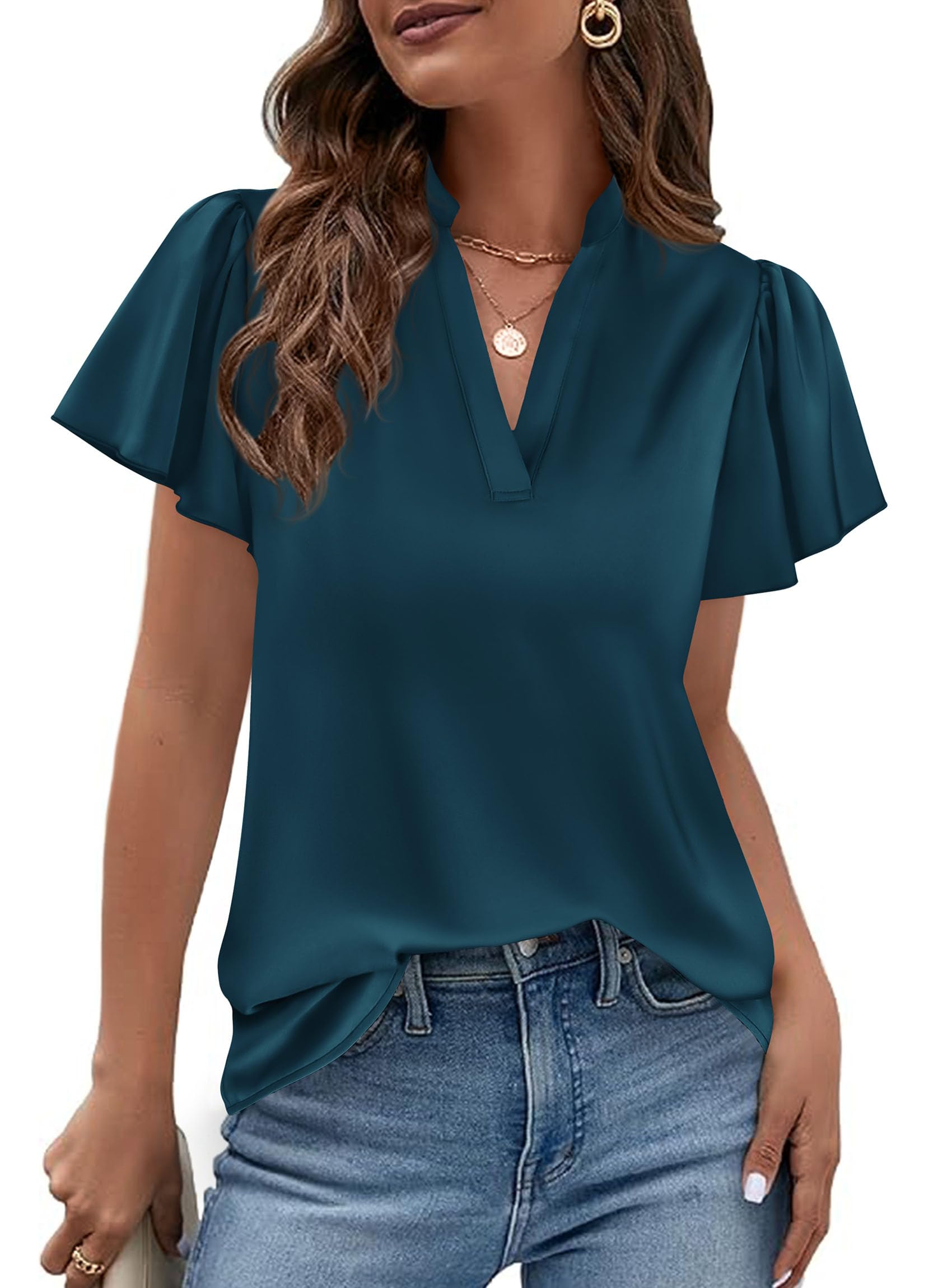 Women's Summer Satin Dressy Casual Blouses (Dark Blue,S)