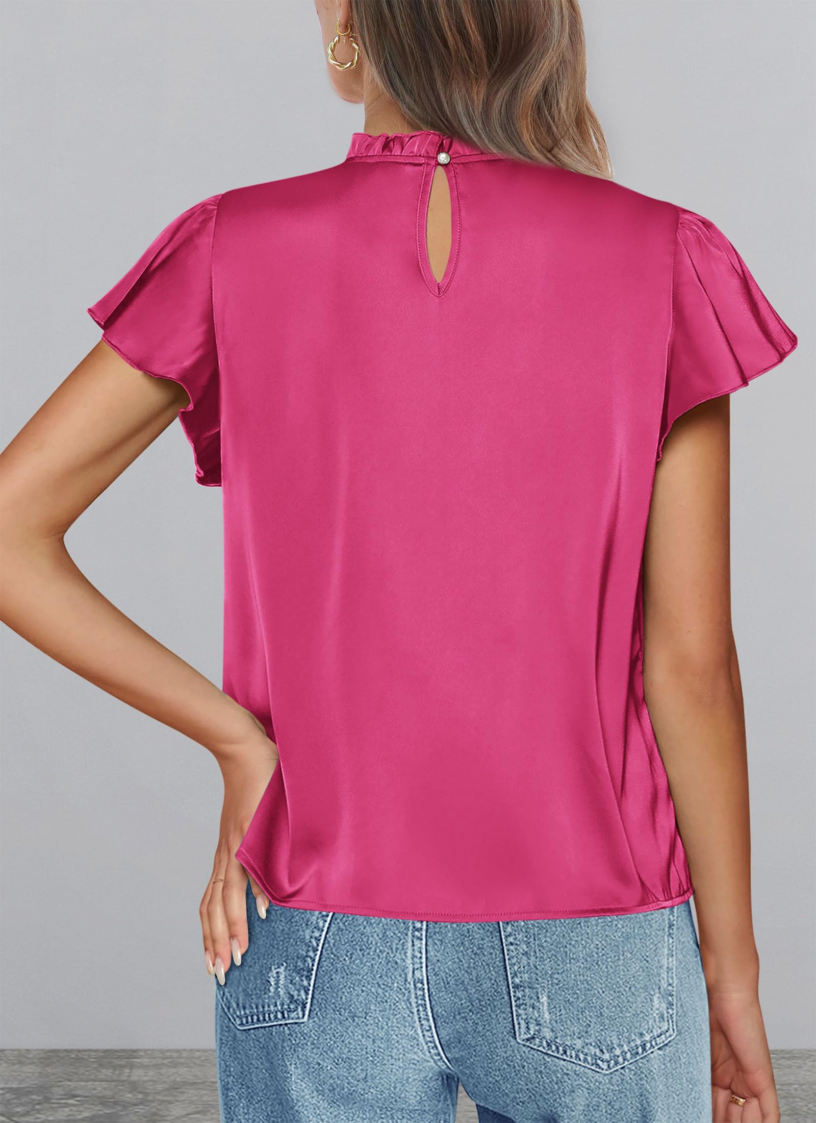 Women's Satin Tops Business Casual Work Blouses, Rose Red,S