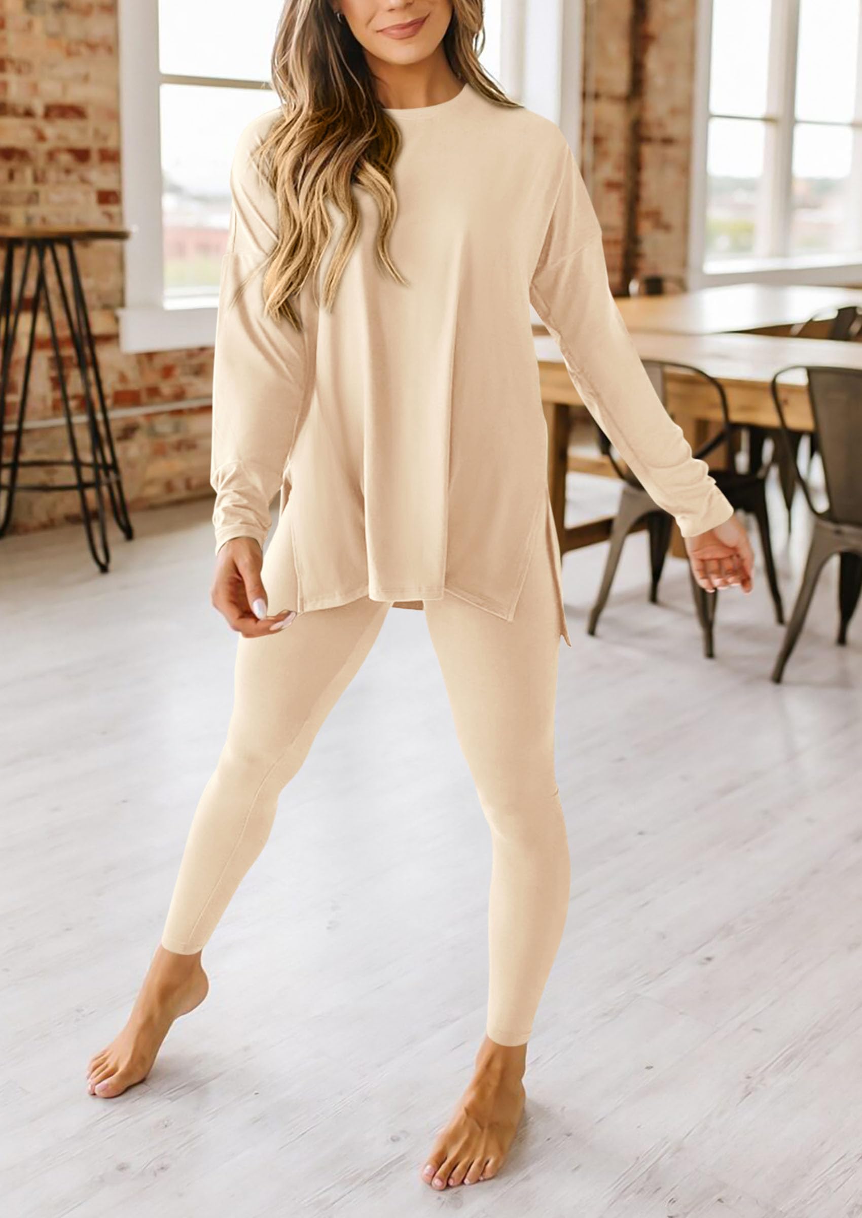 Women's 2 Piece Outfits Matching Lounge Sets,Beige,S