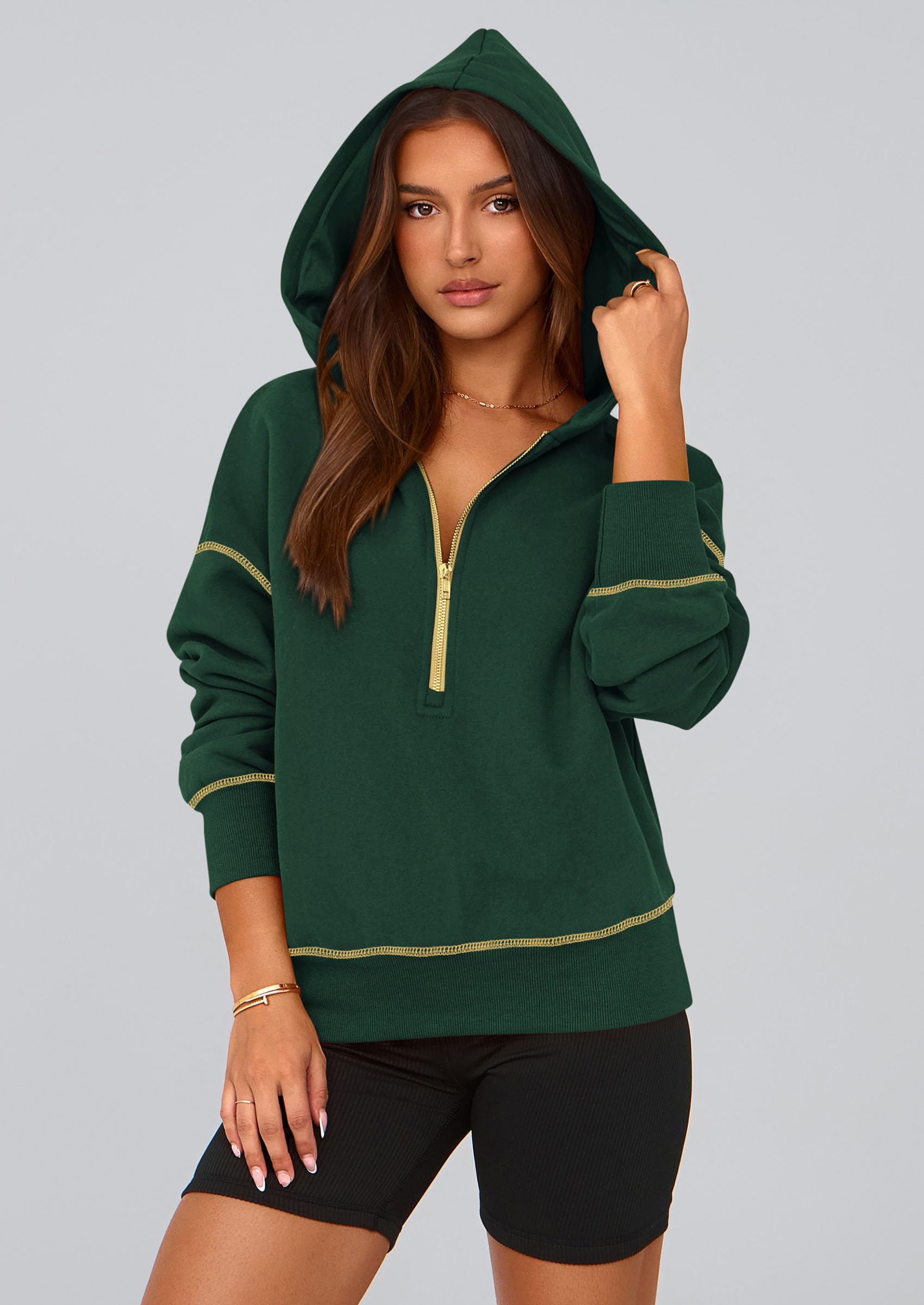 Women's Fall Half Zip Cropped Hoodie Sweatshirt Dark Green