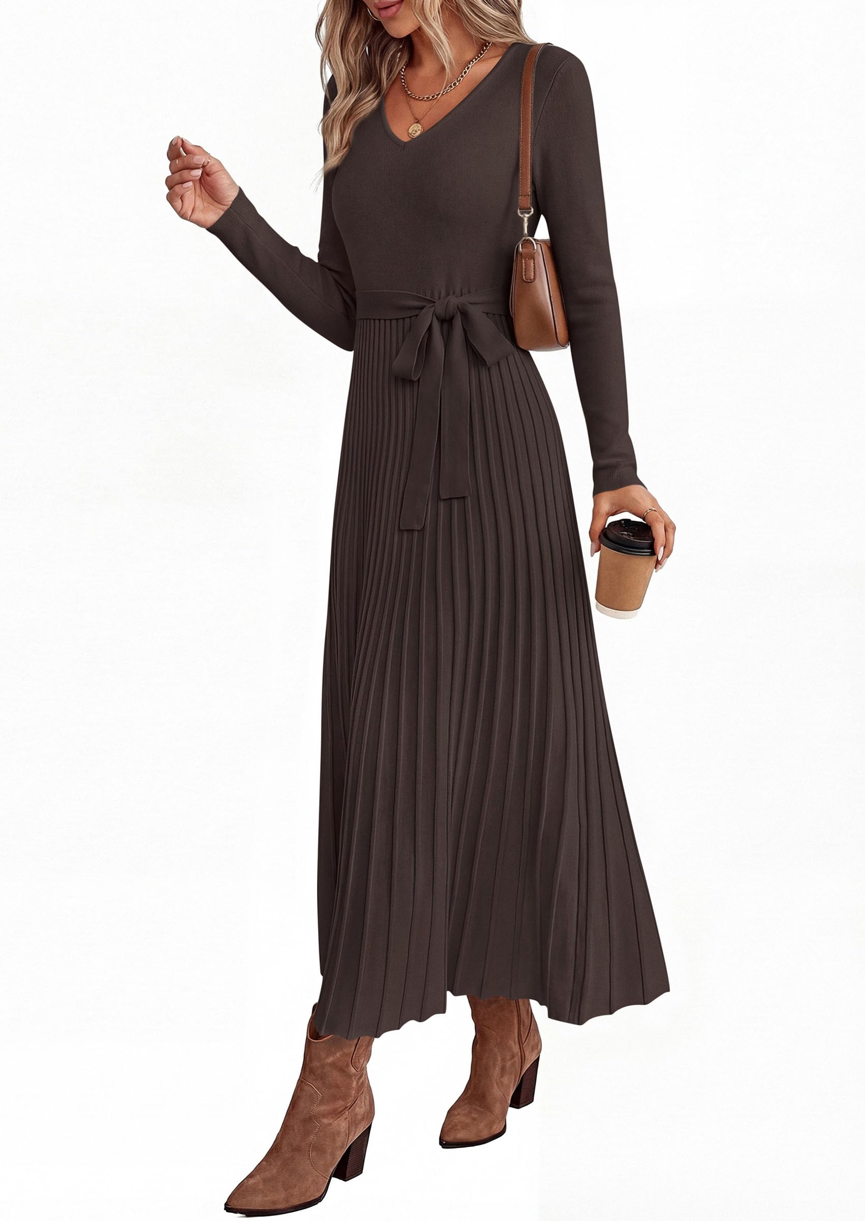 Womens Fall Maxi Long Sleeve Sweater Dress,Brown,S