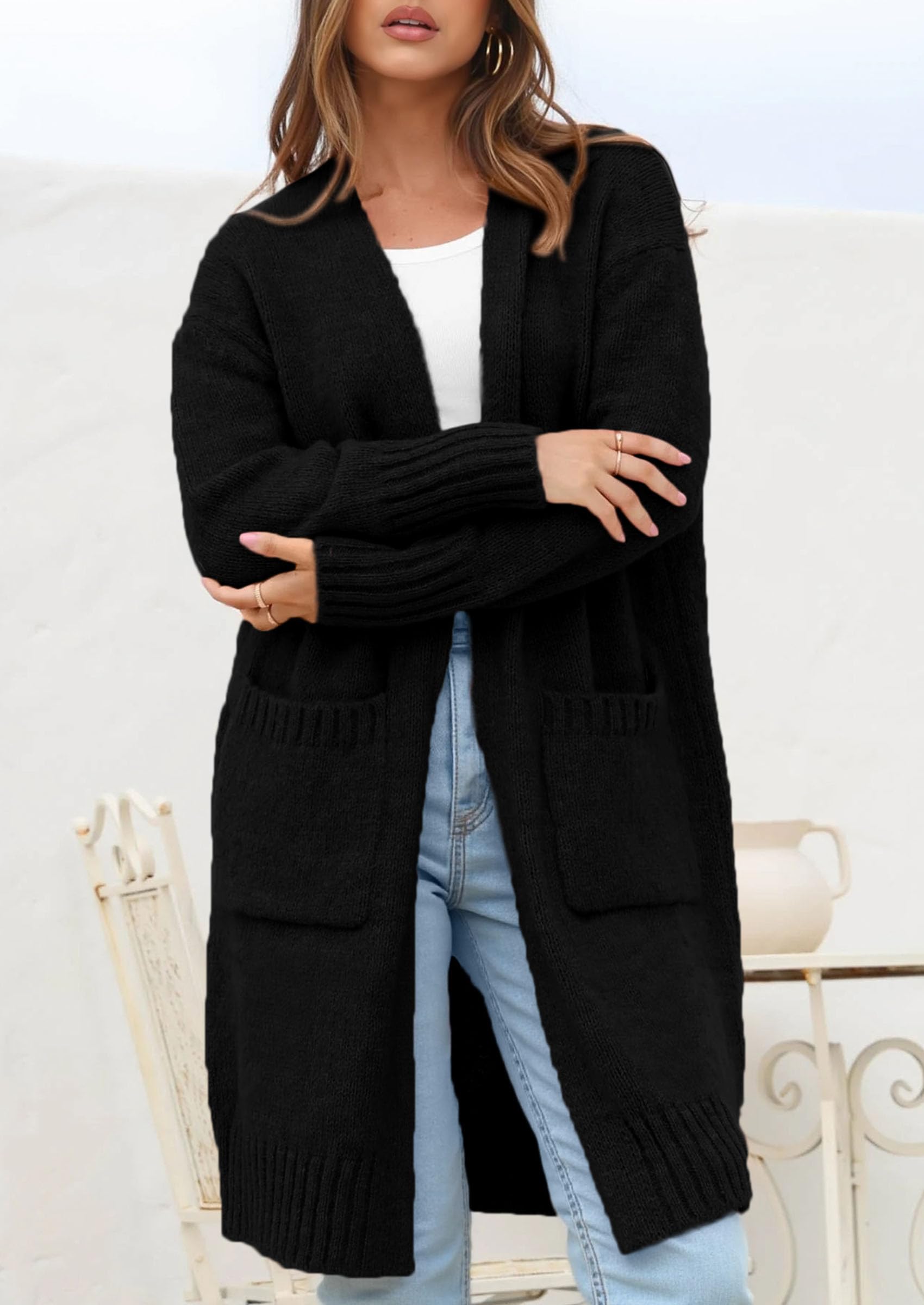 Open Front Cardigan Sweaters for Women,Black,S