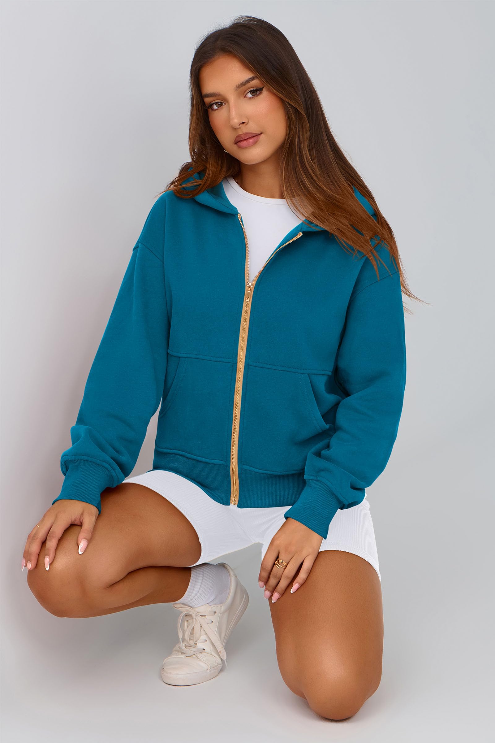 Hoodies for Women Fall Fashion Zip Up Fleece Plain Sweatshirt