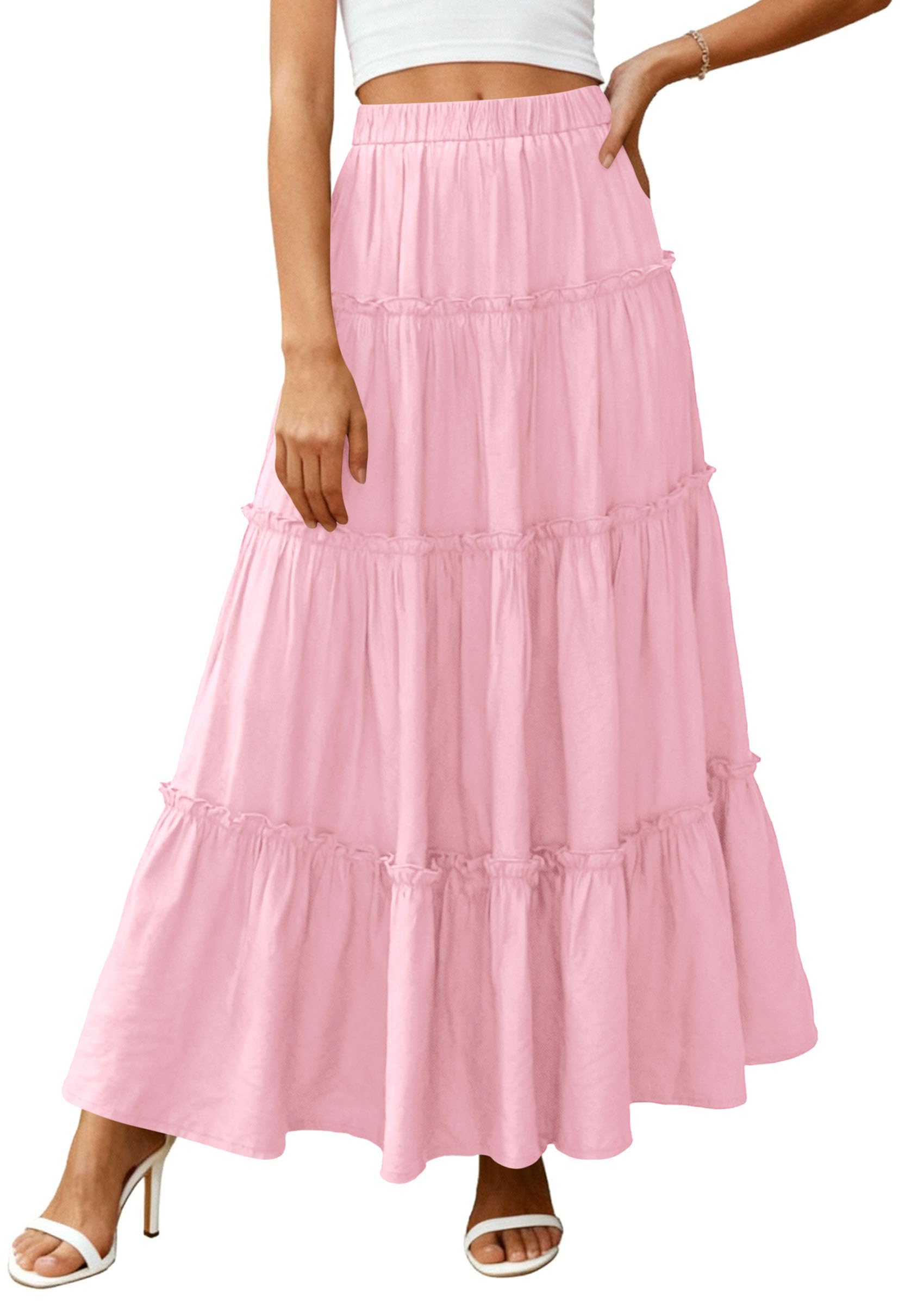 Women's Boho Tiered Ruffle Flowy Maxi Skirt, Light Pink,S