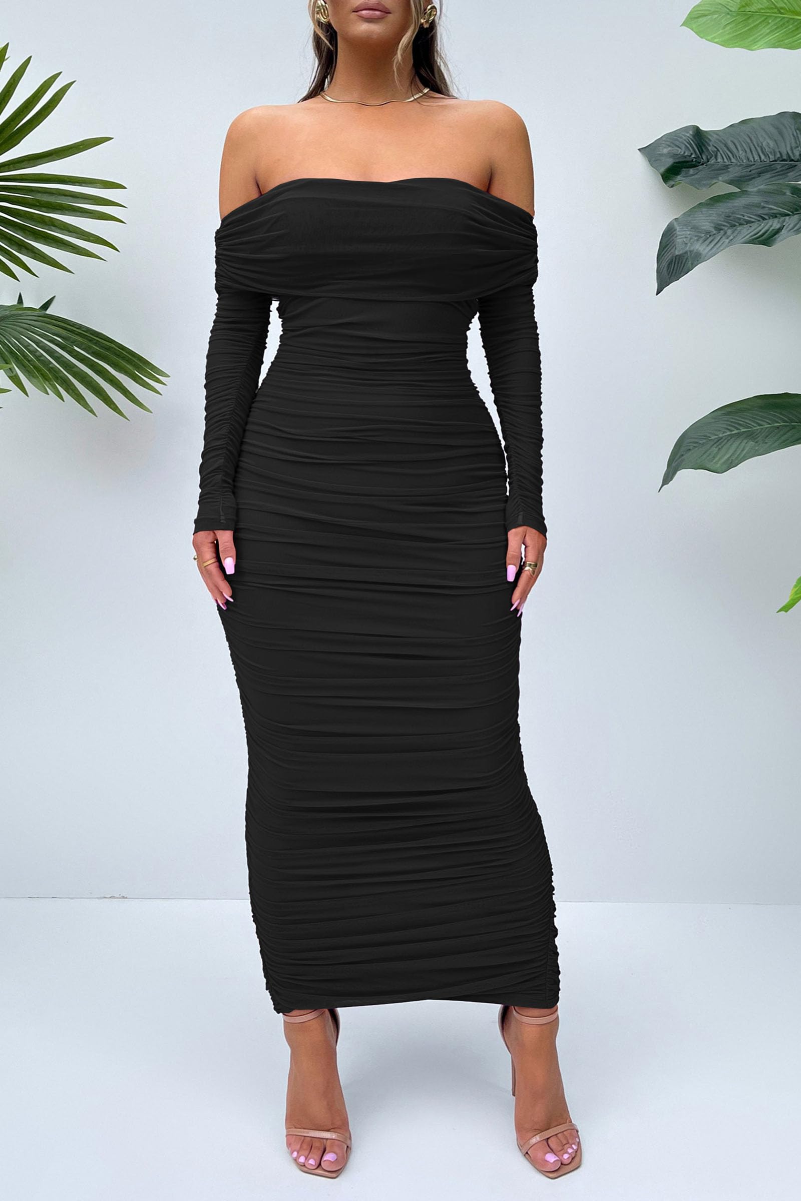 Women's Off the Shoulder Maxi Bodycon Dress, Black,S