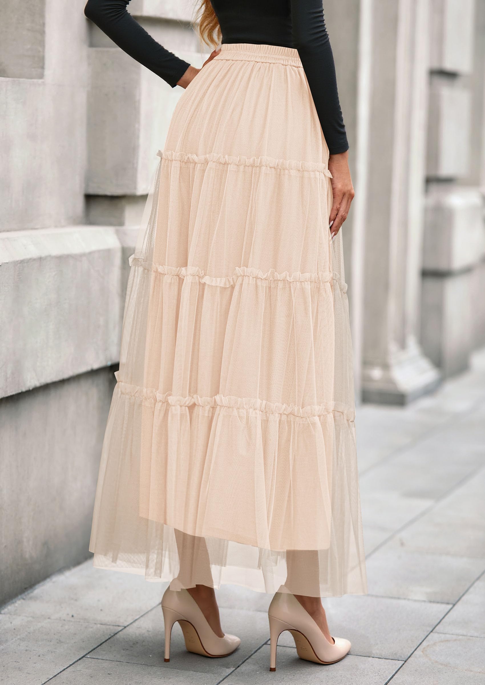 Women's Fall Soft Tulle Tiered Long Skirt,Beige,S