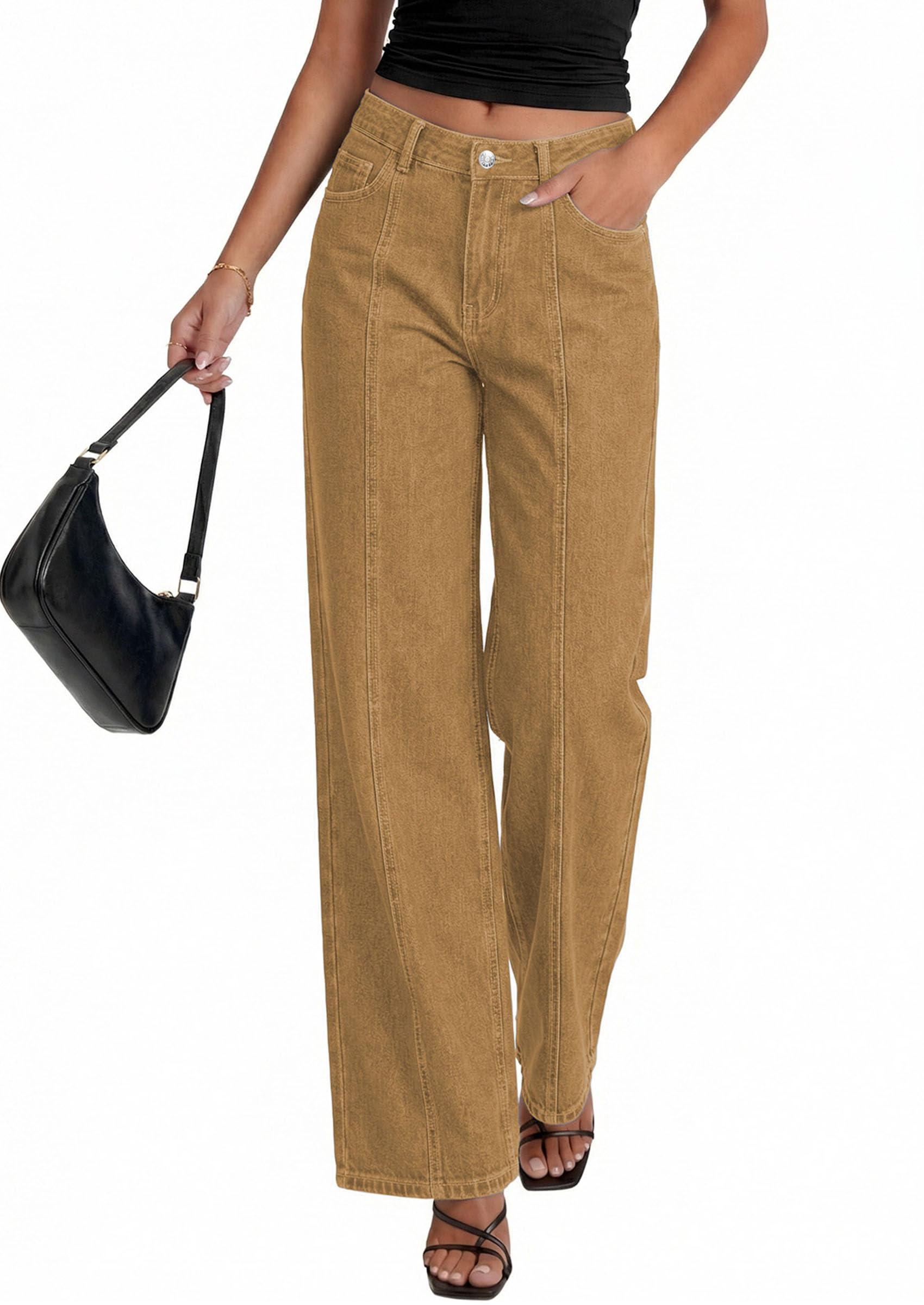 Women's Wide Leg Jeans Stretchy Baggy Denim Pants,Camel,4