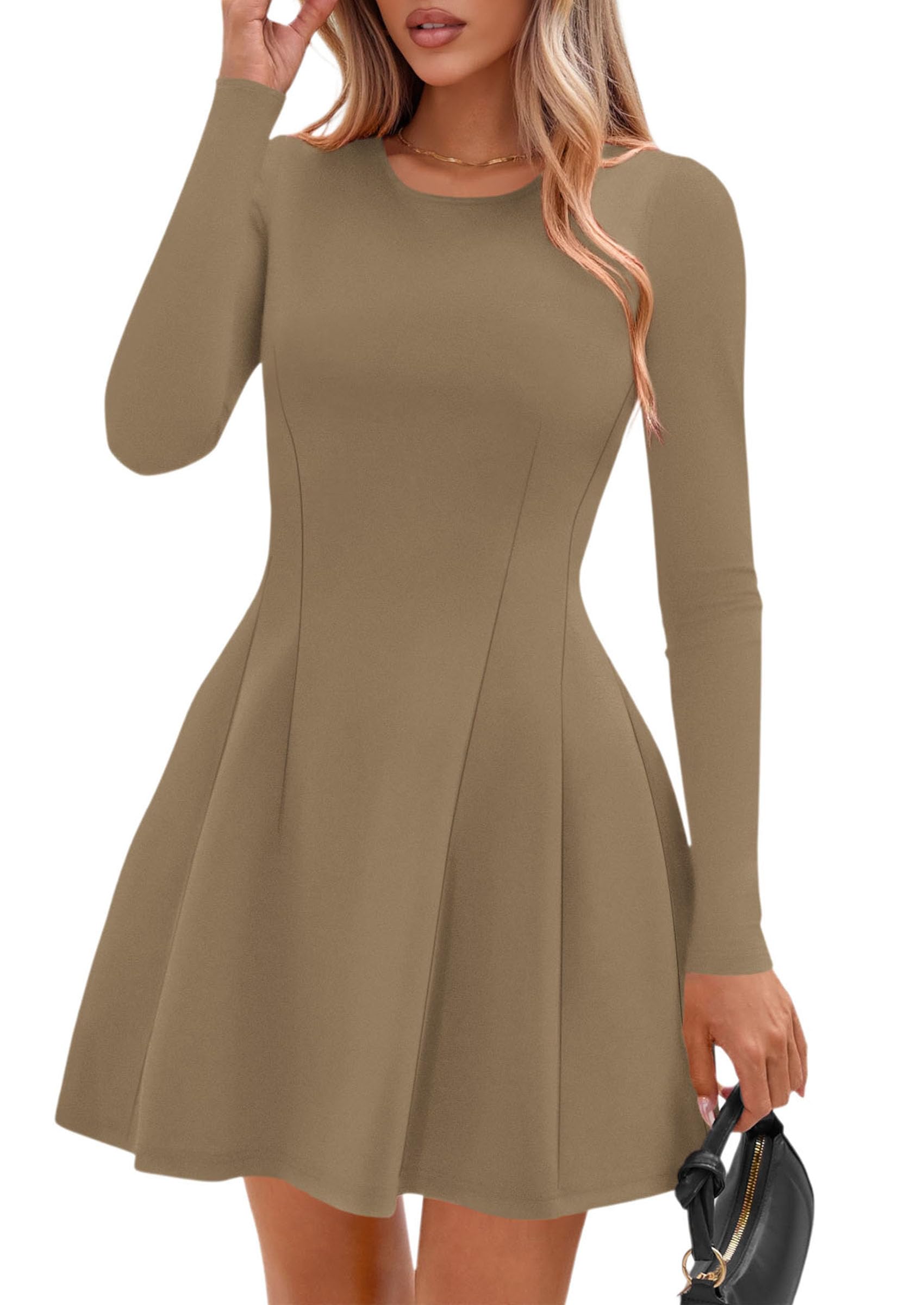 Womens Long Sleeve Pleated Mini Dress,Khaki,XS