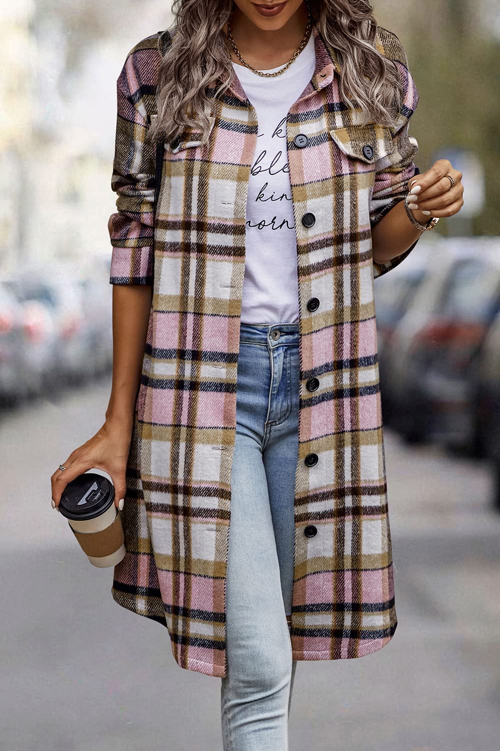 Womens Plaid Shacket Jacket Flannel Shirts,Pink,S