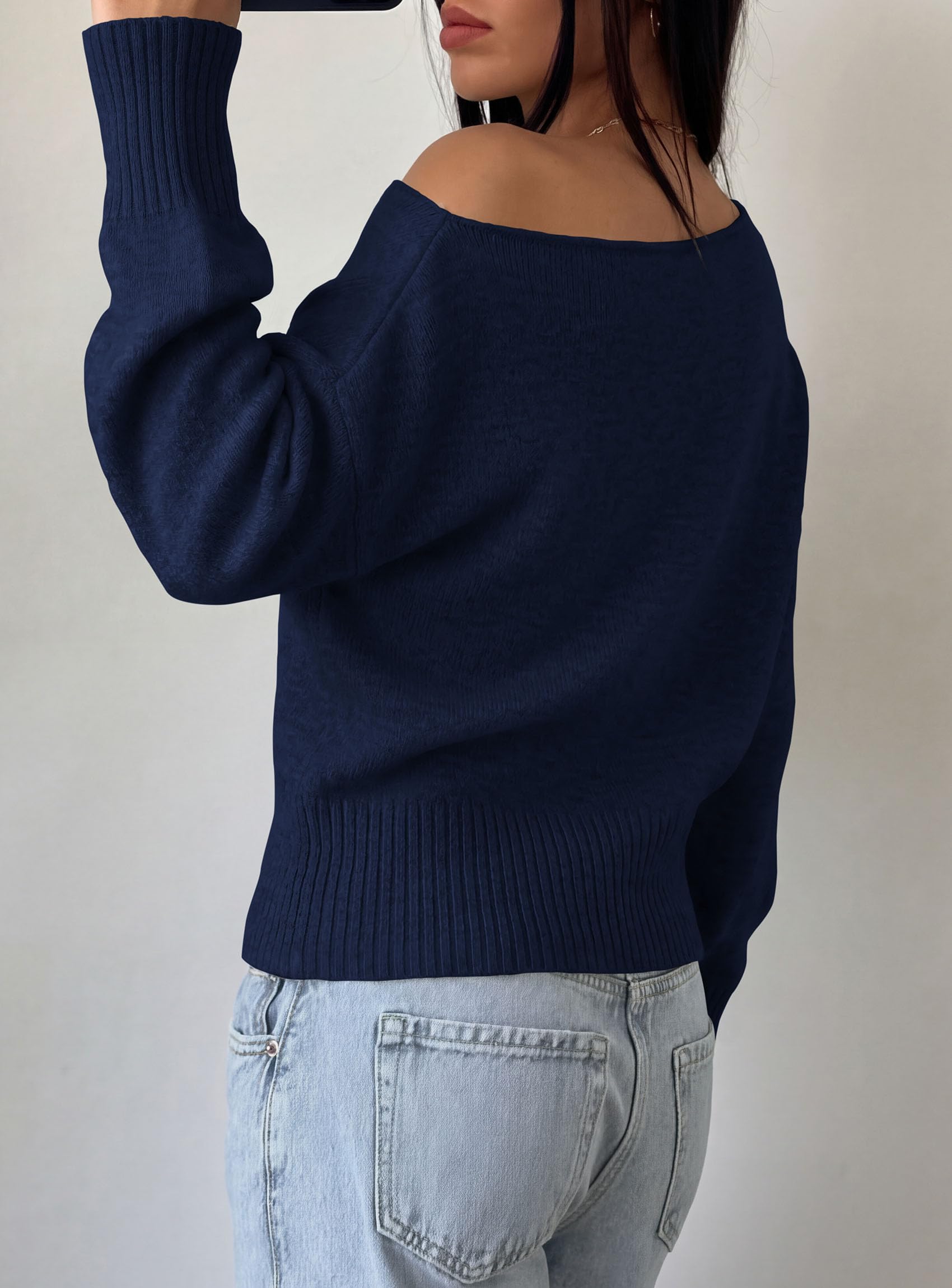 Womens Off The Shoulder Sweater Fall Fashion,Navy Blue,S